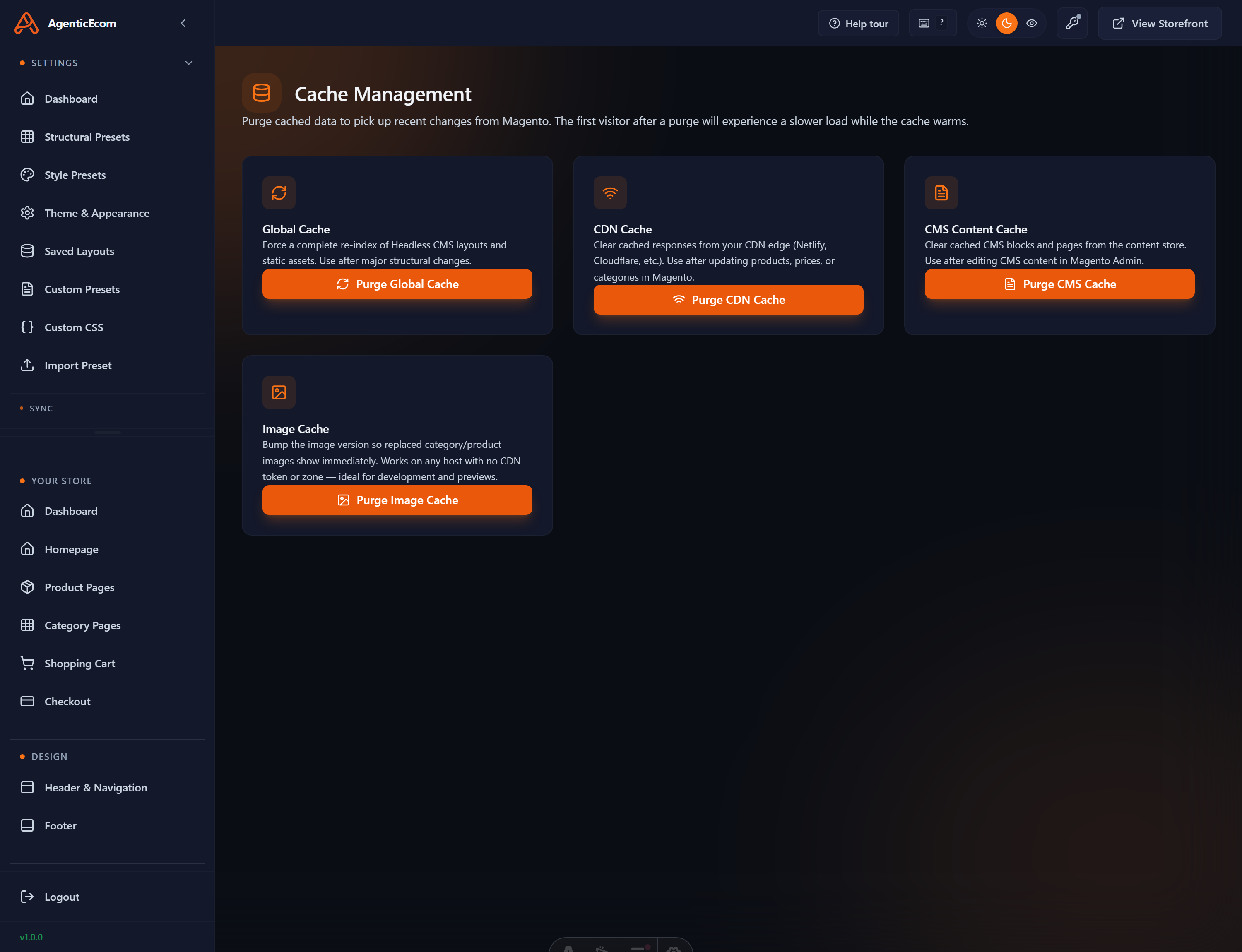 The Cache Management screen — clear the storefront and CDN caches so the fresh build is served