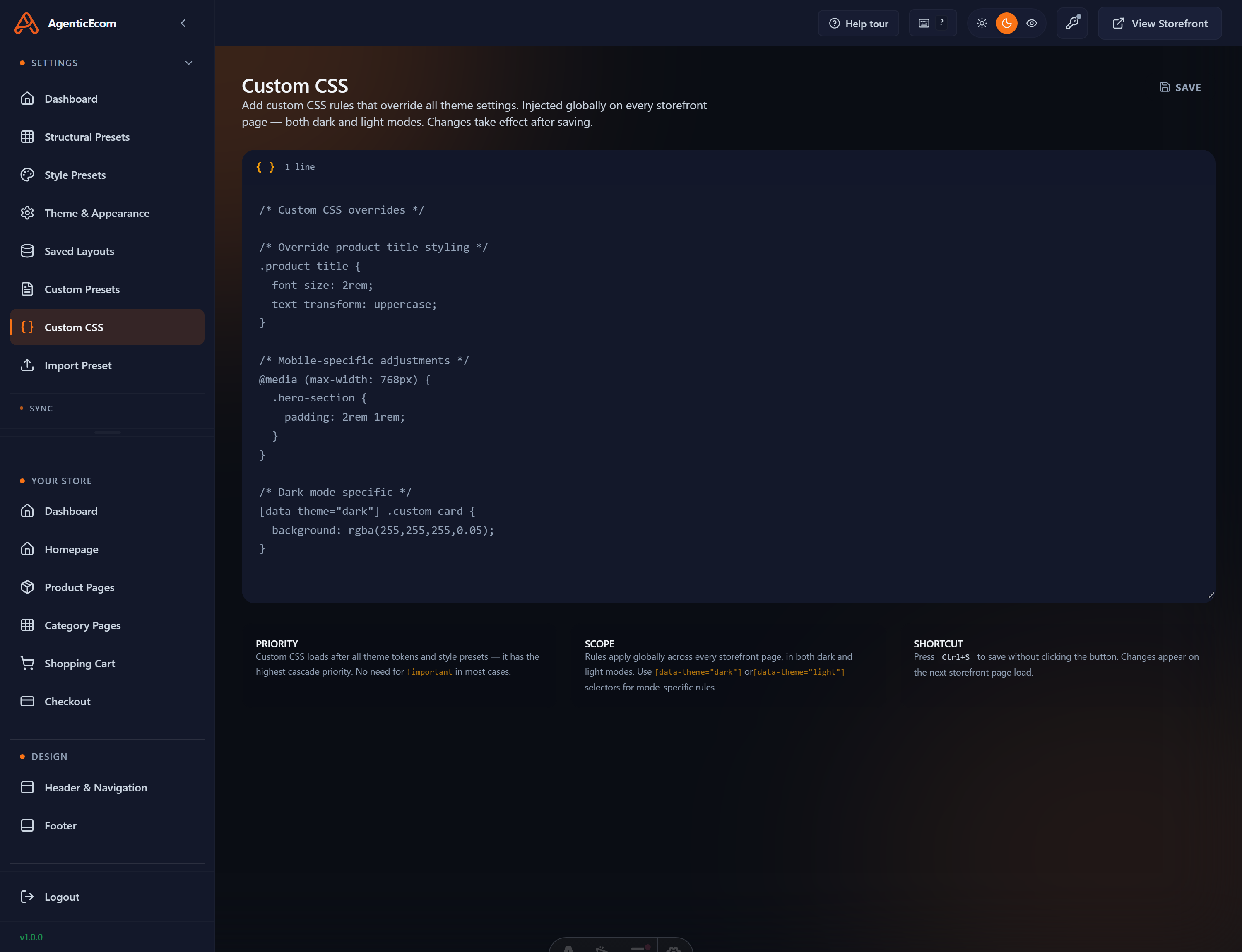 The Custom CSS editor — add raw site-wide CSS rules for tweaks the presets don't cover