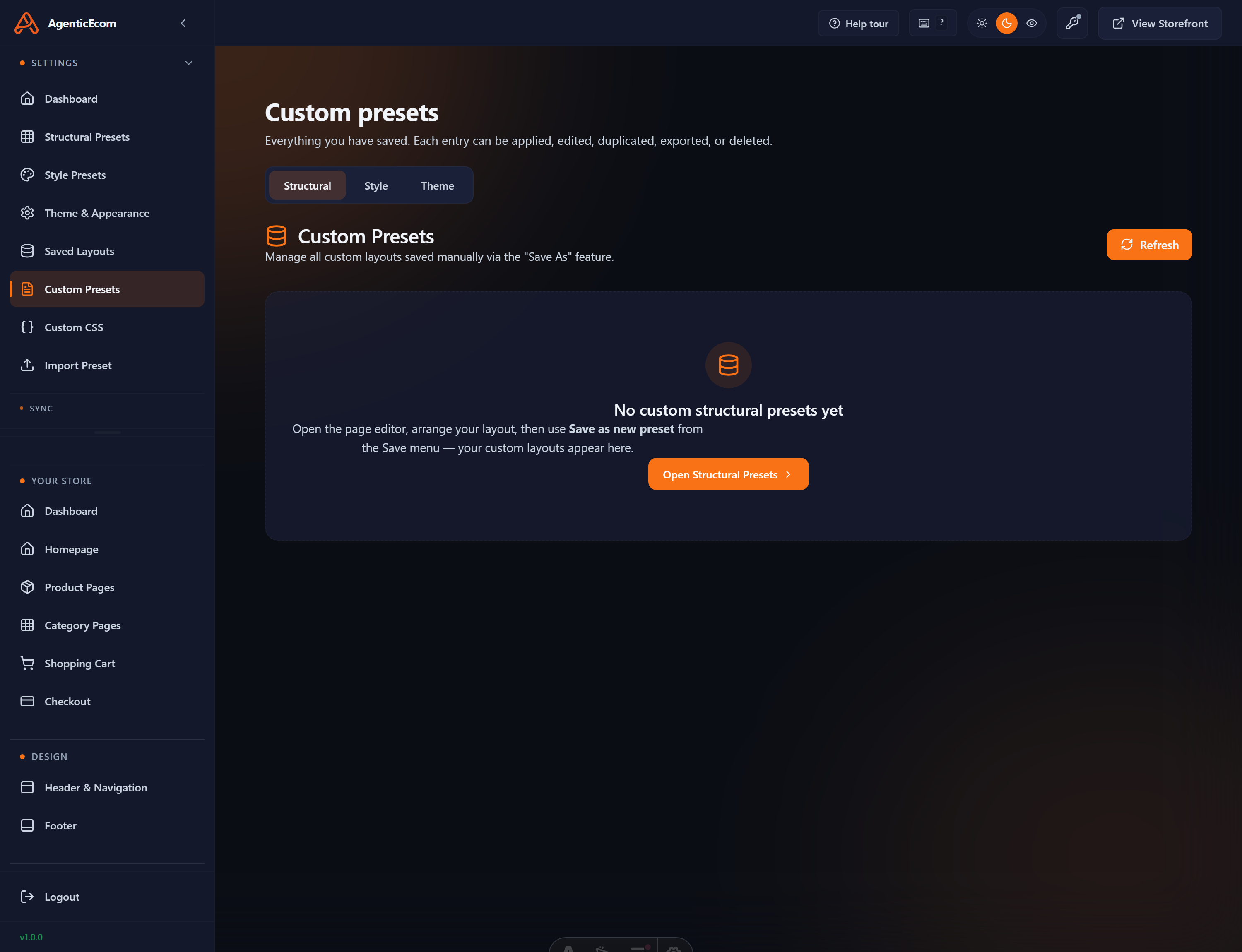The Custom Presets screen — every preset you've created across structure, style and theme, ready to re-apply or delete