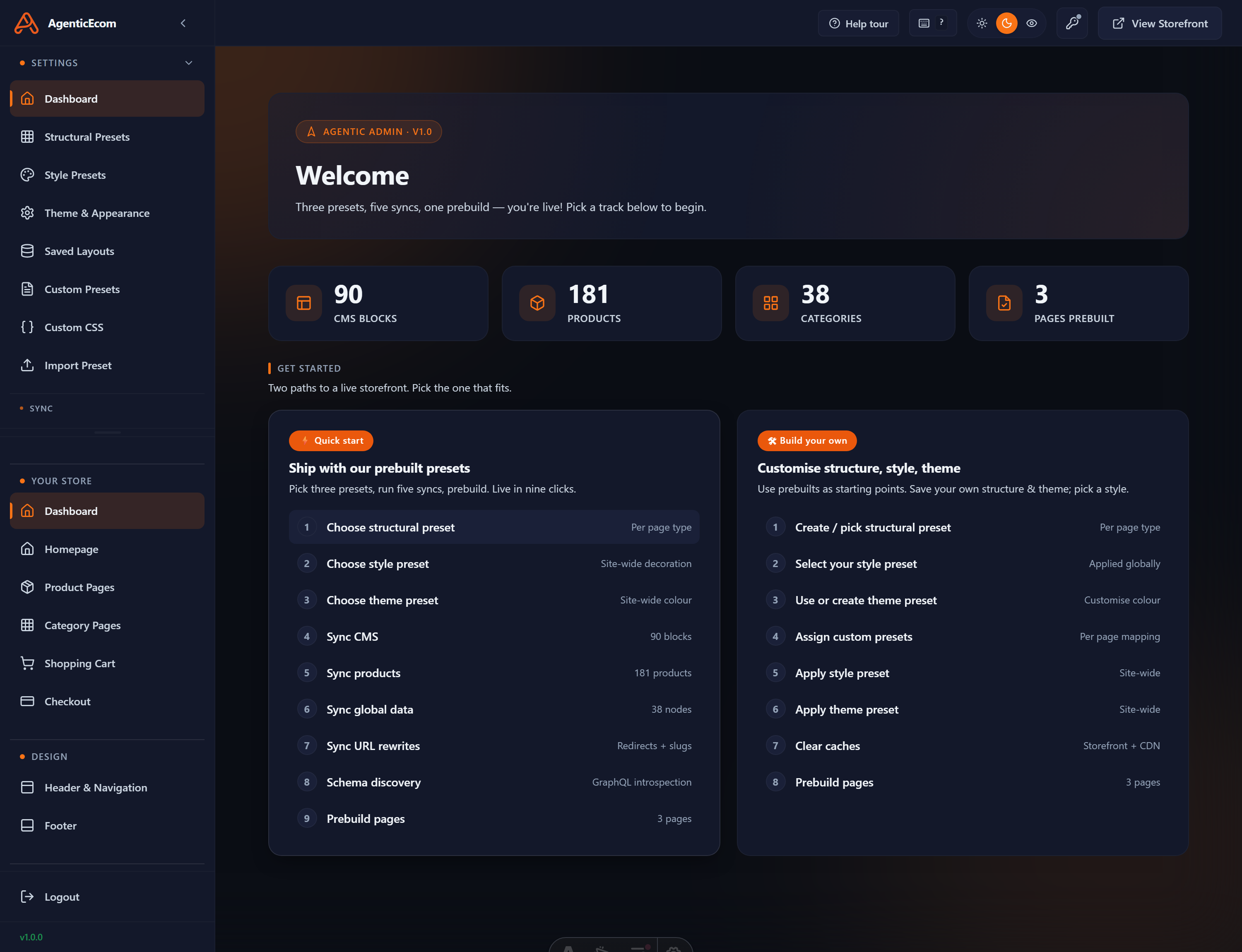 The Agentic Admin dashboard — live counts across the top, the two get-started tracks below, and the full navigation rail on the left