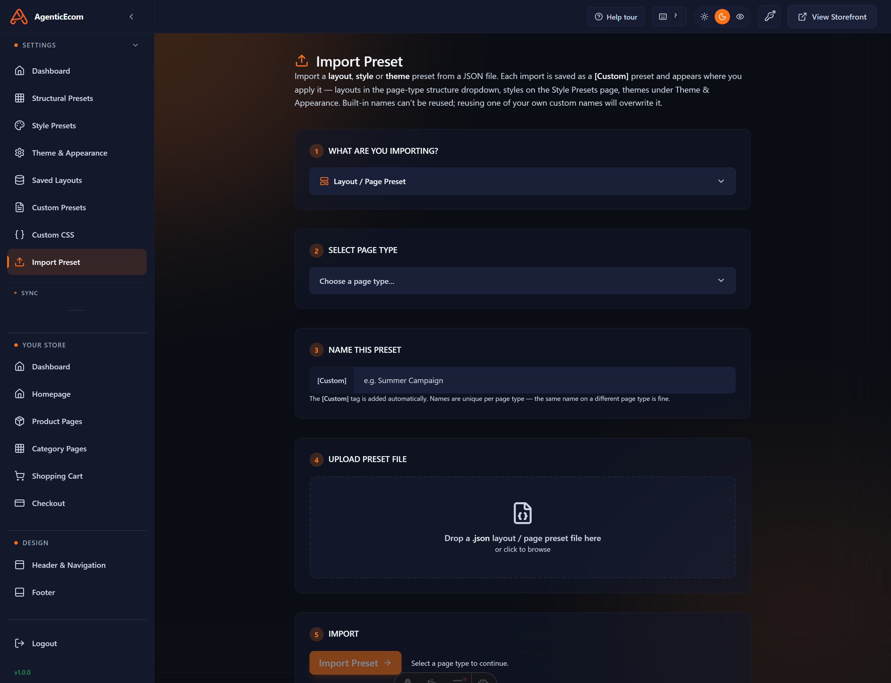 The Import Preset screen — upload or paste an exported preset; it lands under Custom Presets