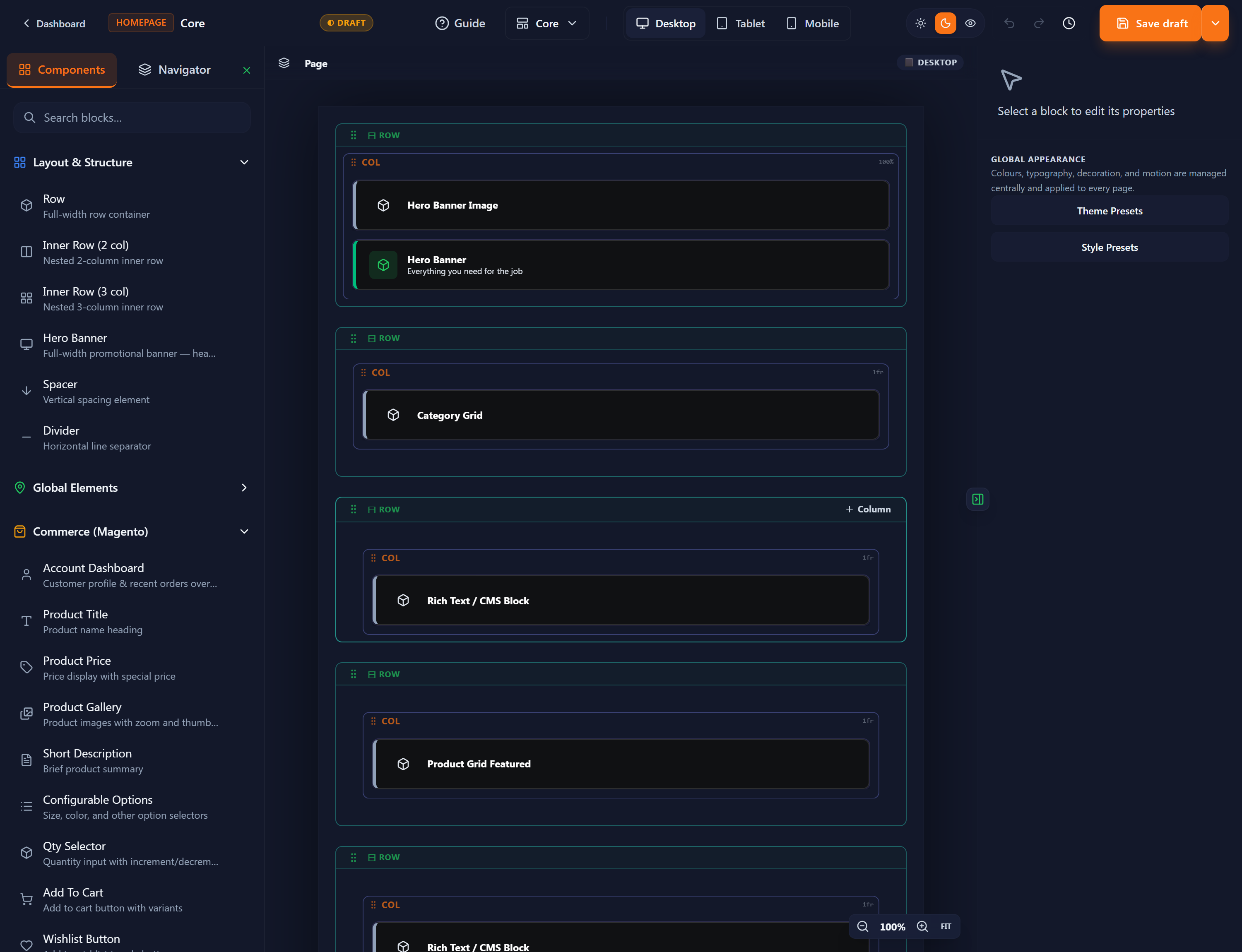 The page editor — top bar with breakpoints and Save, the Components palette on the left, the page canvas in the centre, and the block-settings panel on the right