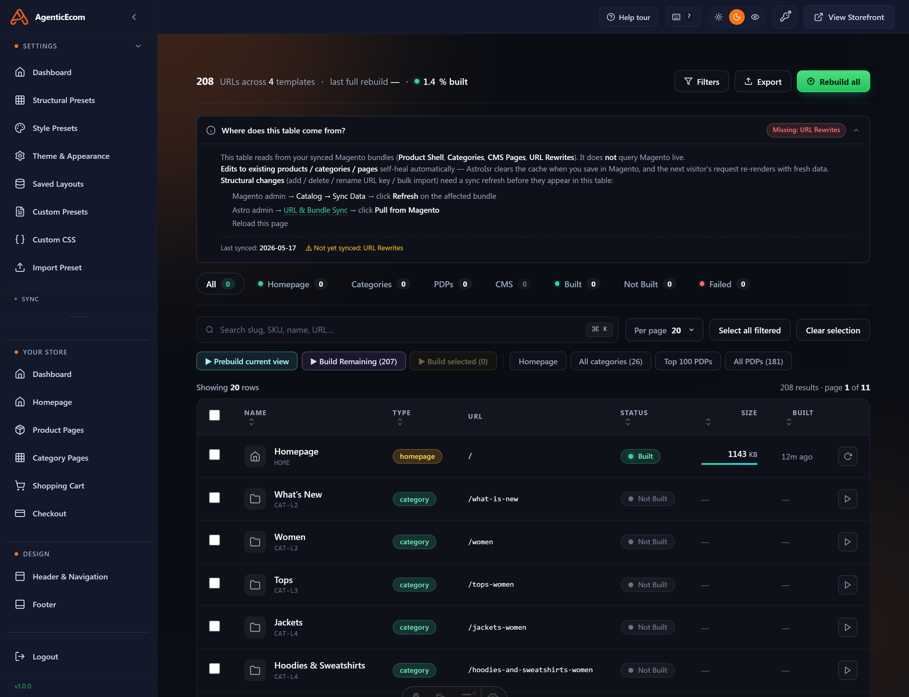 The Prebuild Pages screen — start a build to bake your active presets and synced data into live static pages