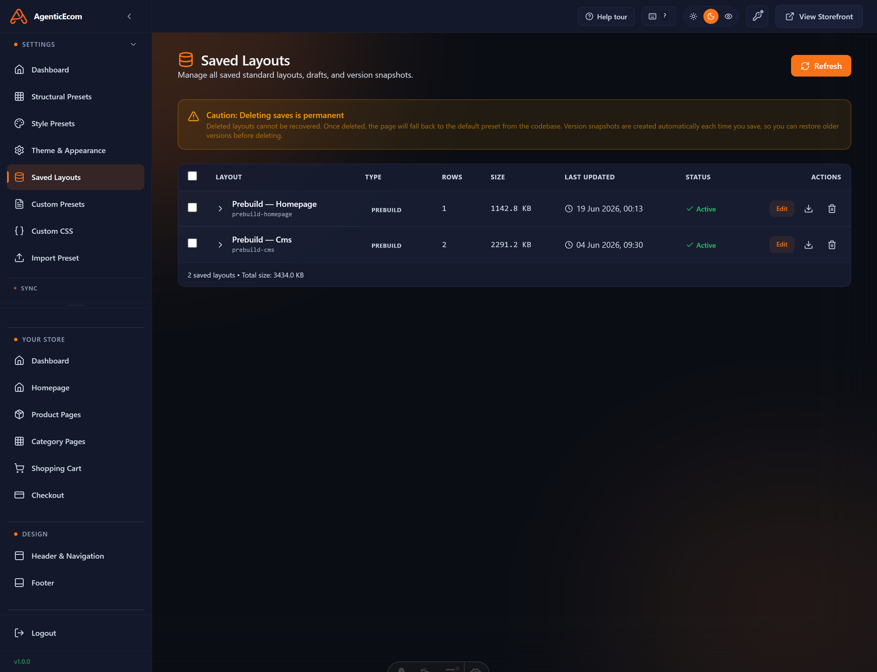 The Saved Layouts screen — every saved page version, ready to open, publish (roll back) or delete