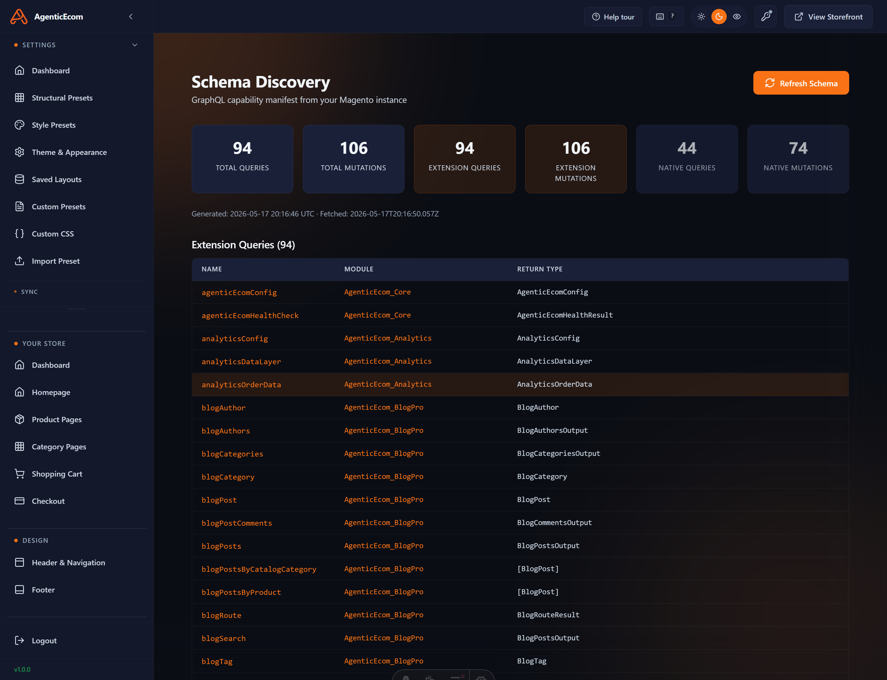 Schema Discovery — introspects the Magento GraphQL schema so new fields become available to blocks in the page editor