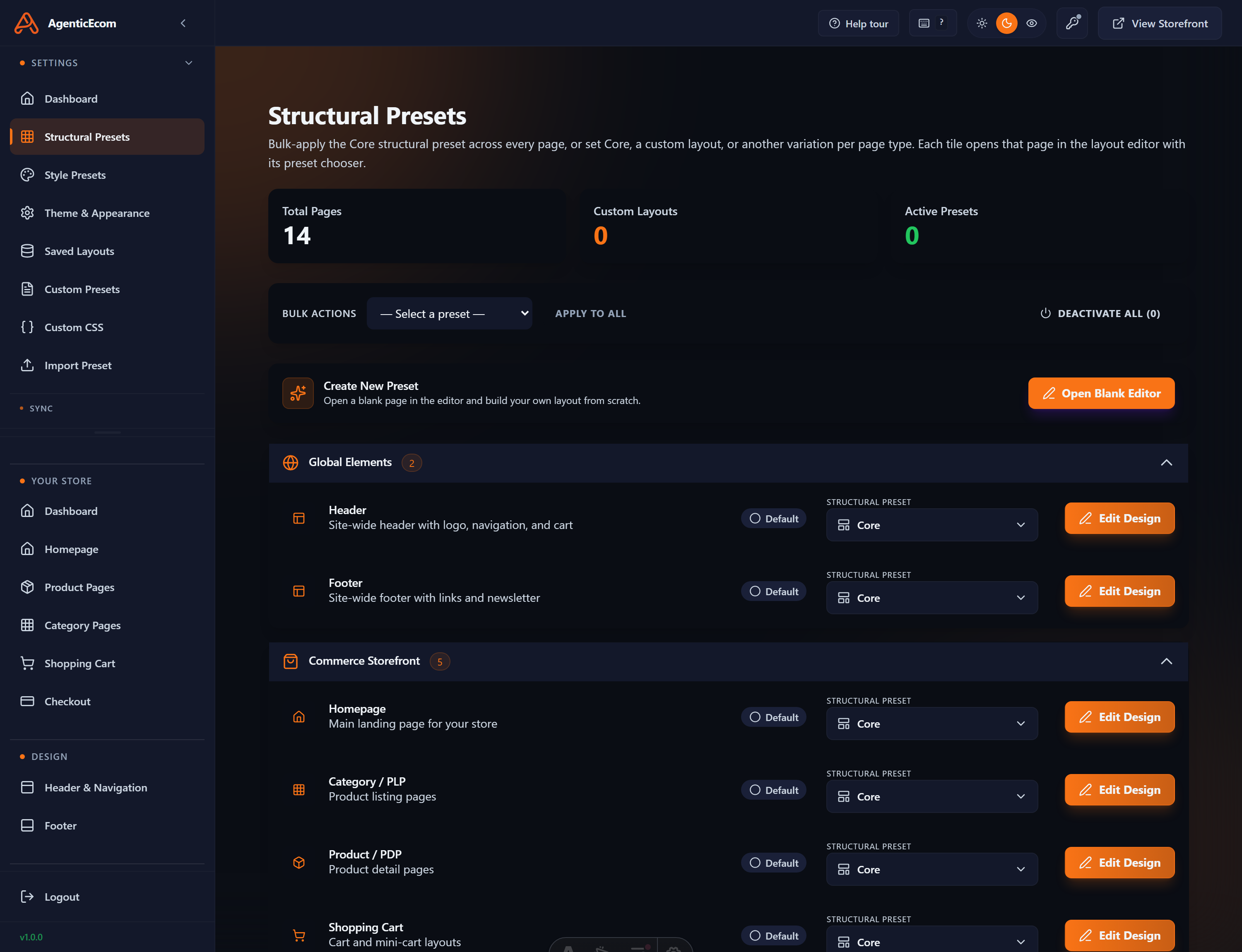 The Structural Presets screen — each preset is a tile; pick one per page type, then activate