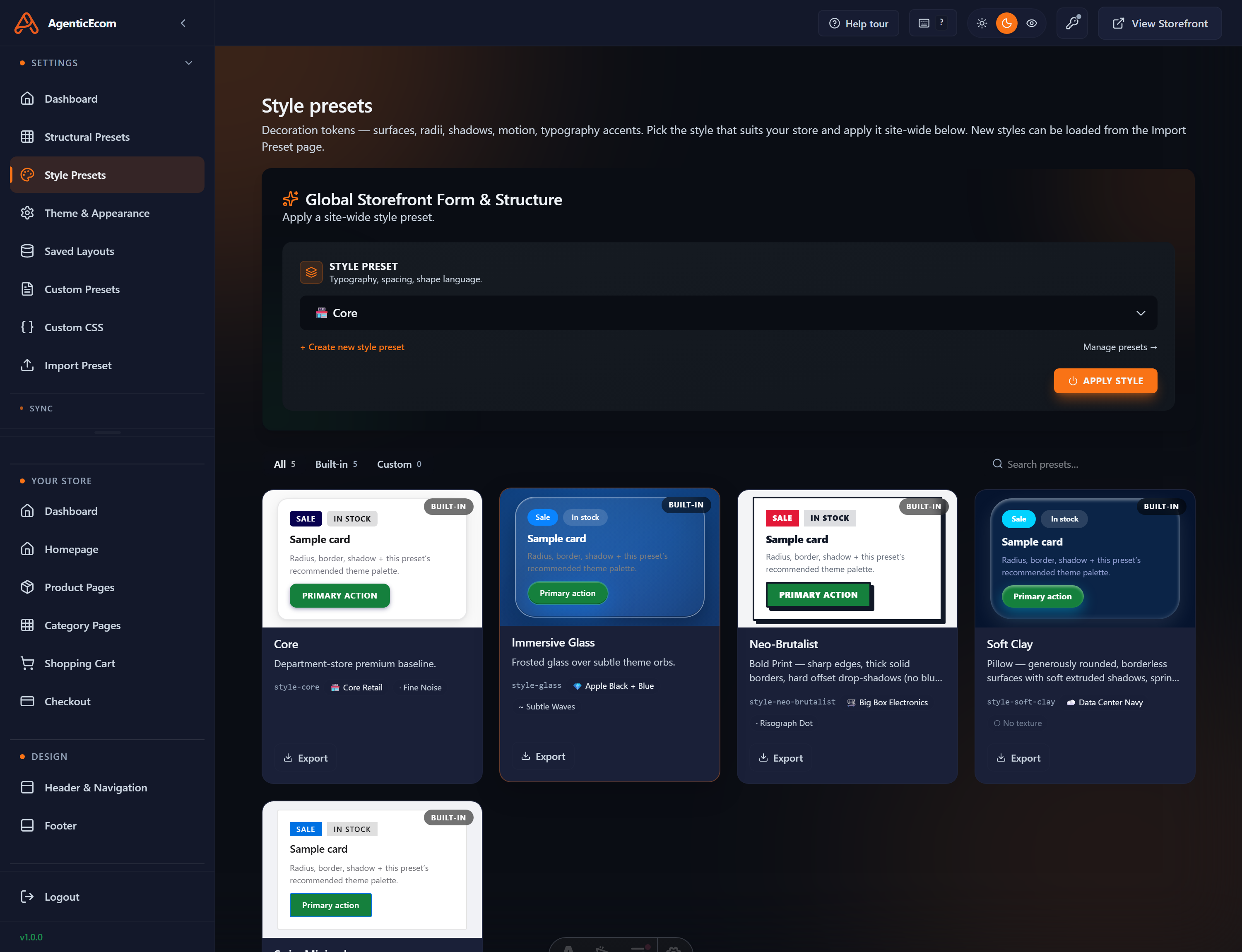 The Style Presets screen — each style shows a live sample-card preview of its radius, border, shadow and button look; apply one site-wide from the panel at the top