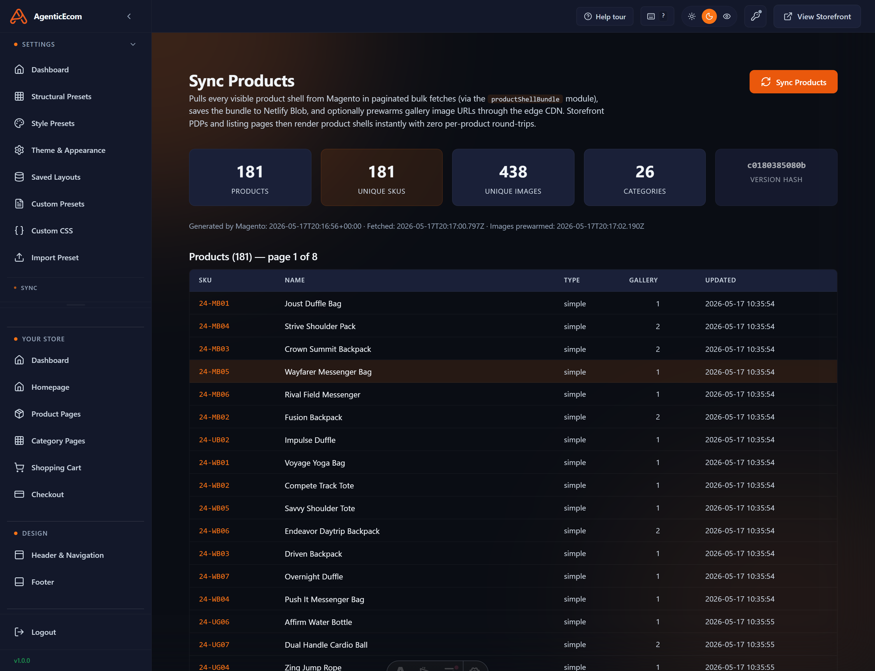 The Sync Products screen — run the sync and watch the live count of products and categories copied from Magento