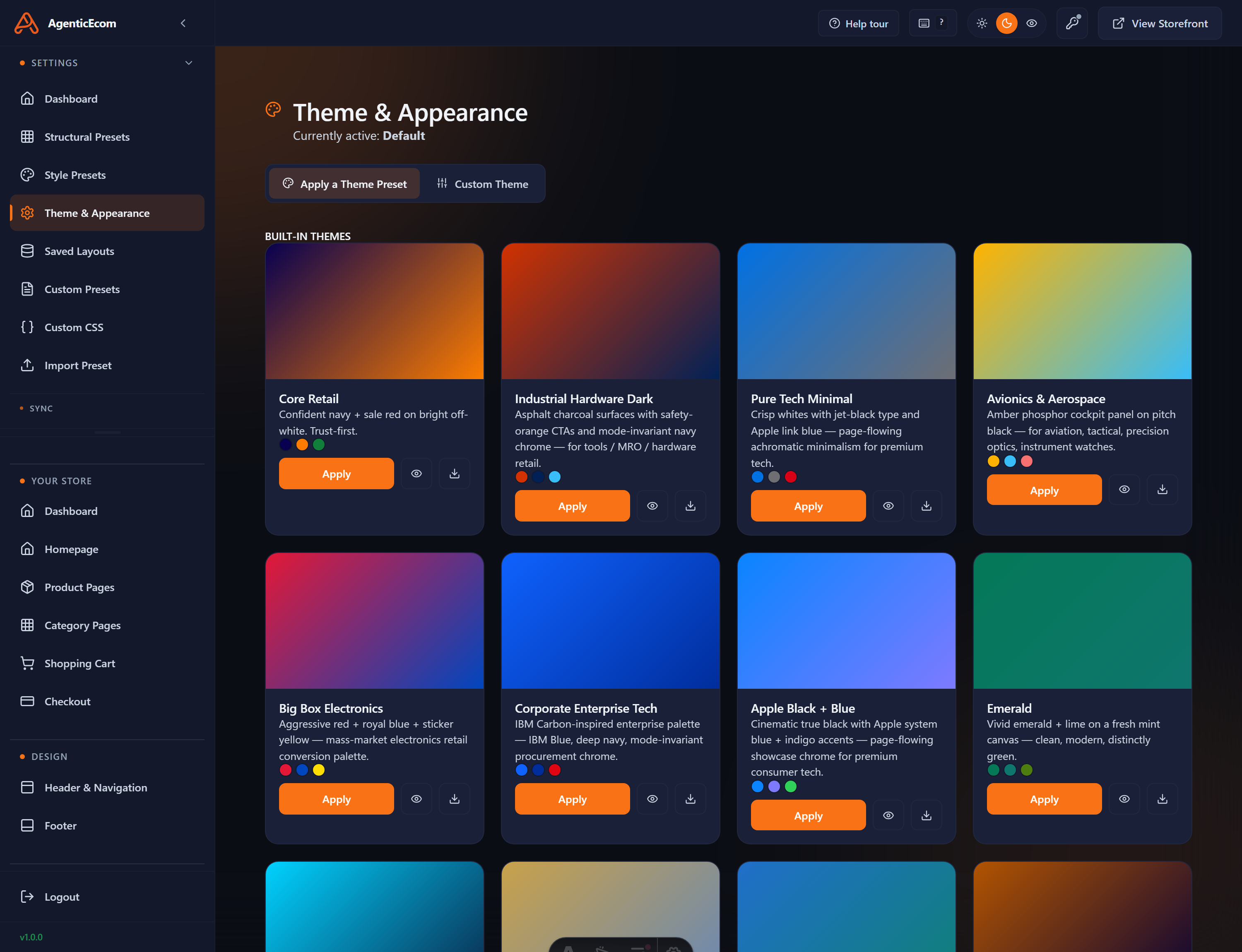 The Apply a Theme Preset gallery — hand-tuned themes (Core Retail, Industrial Hardware Dark, Pure Tech Minimal, Avionics & Aerospace, and more), each with a preview and an Apply button