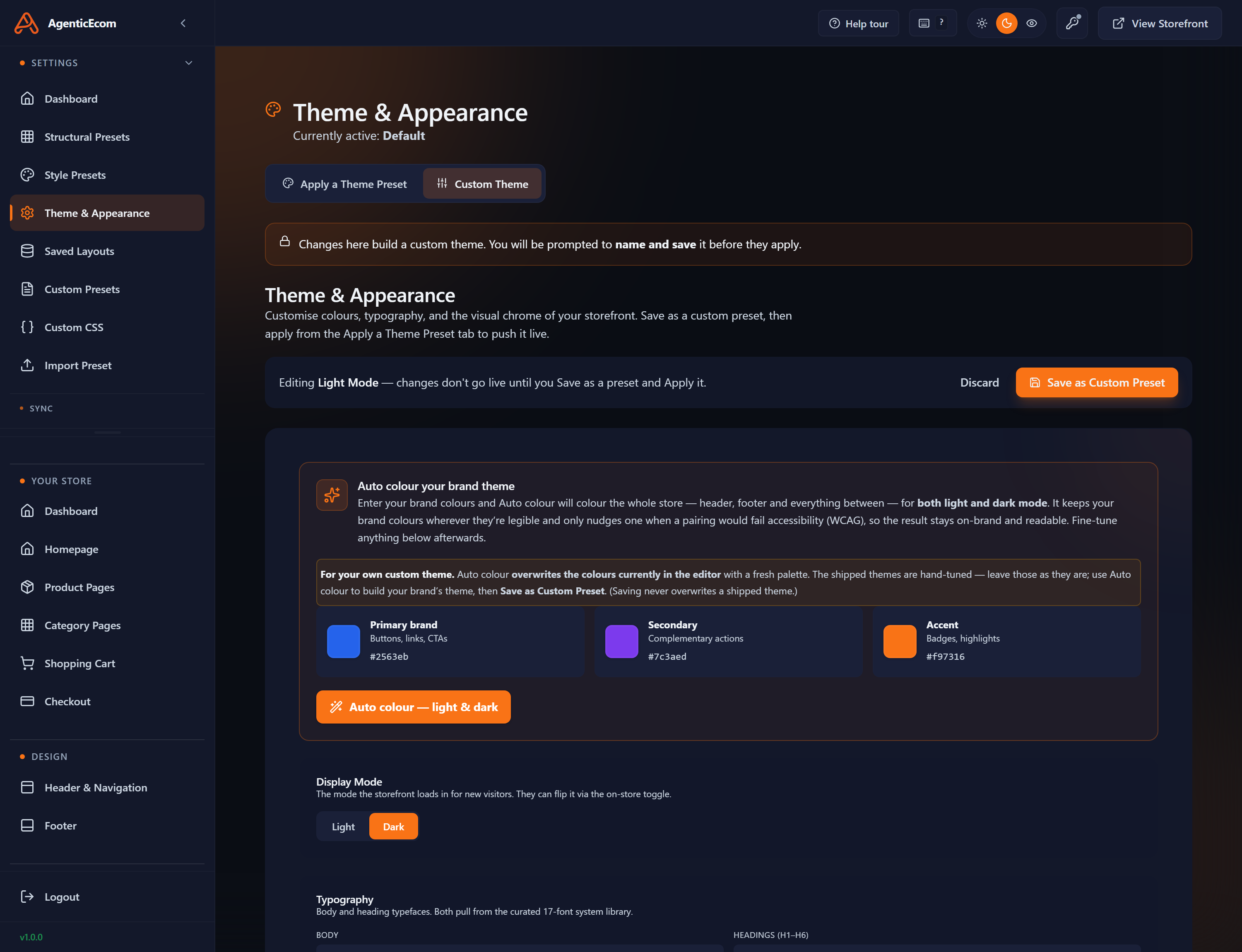 The Custom Theme editor — the Auto colour panel takes your Primary / Secondary / Accent brand colours, a light/dark Display Mode toggle, and a Save as Custom Preset button