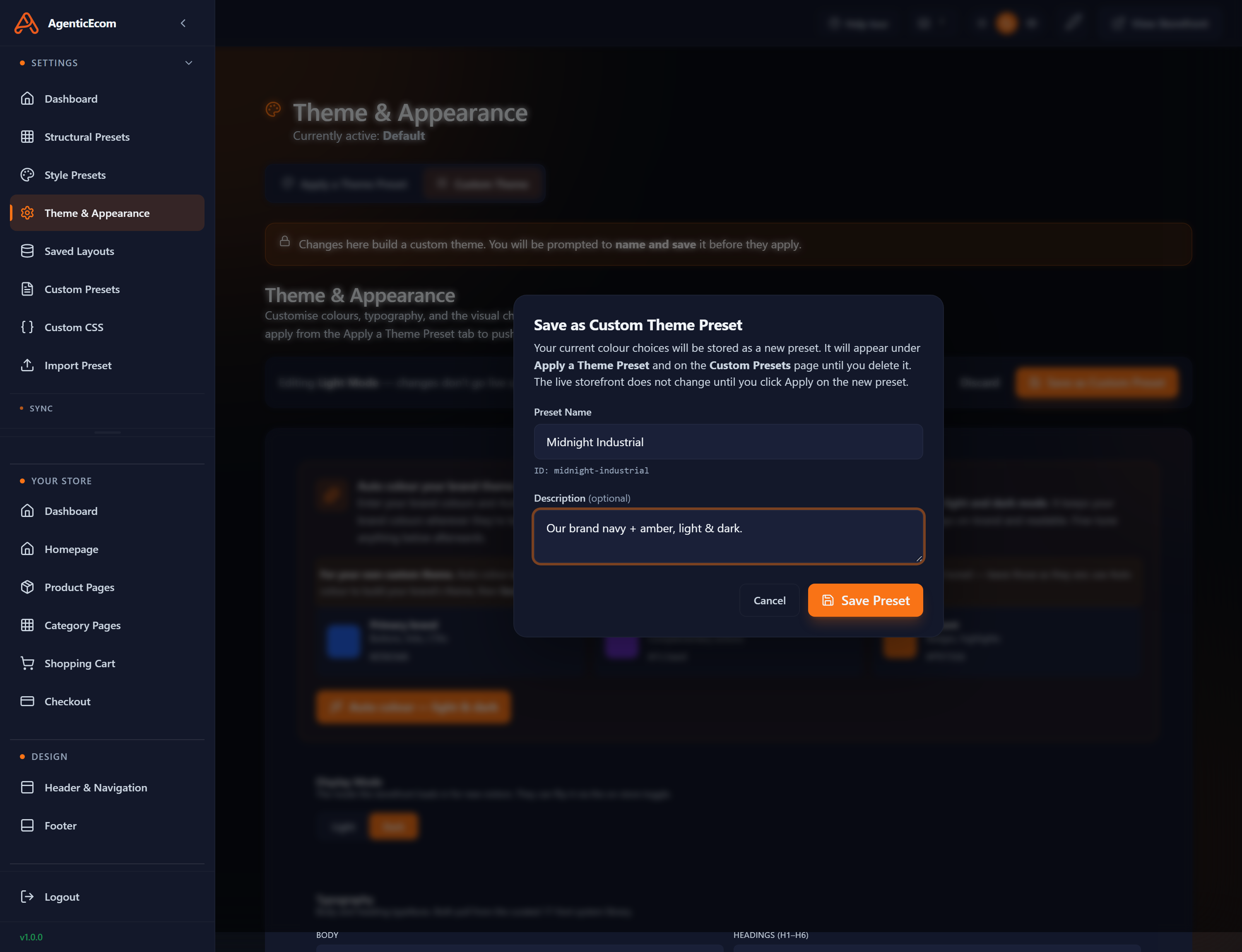 The "Save as Custom Theme Preset" dialog — give the theme a name and optional description; it's stored as a preset and only goes live when you Apply it