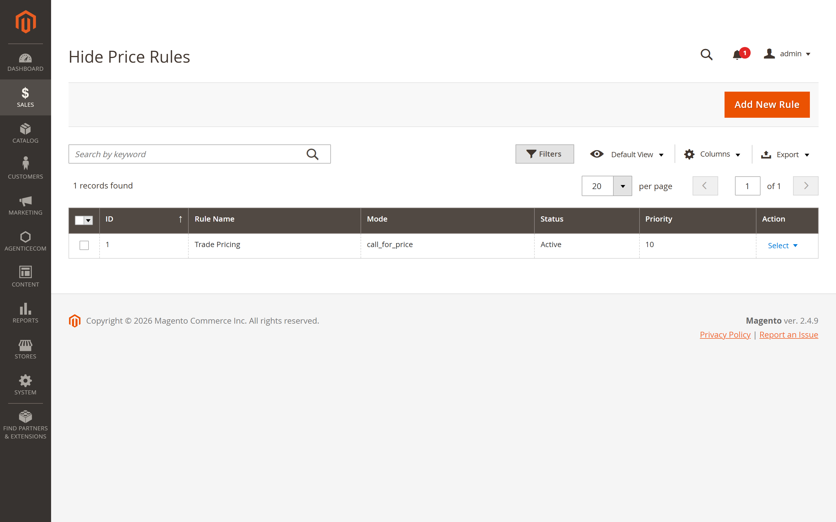 Hide-price rules grid