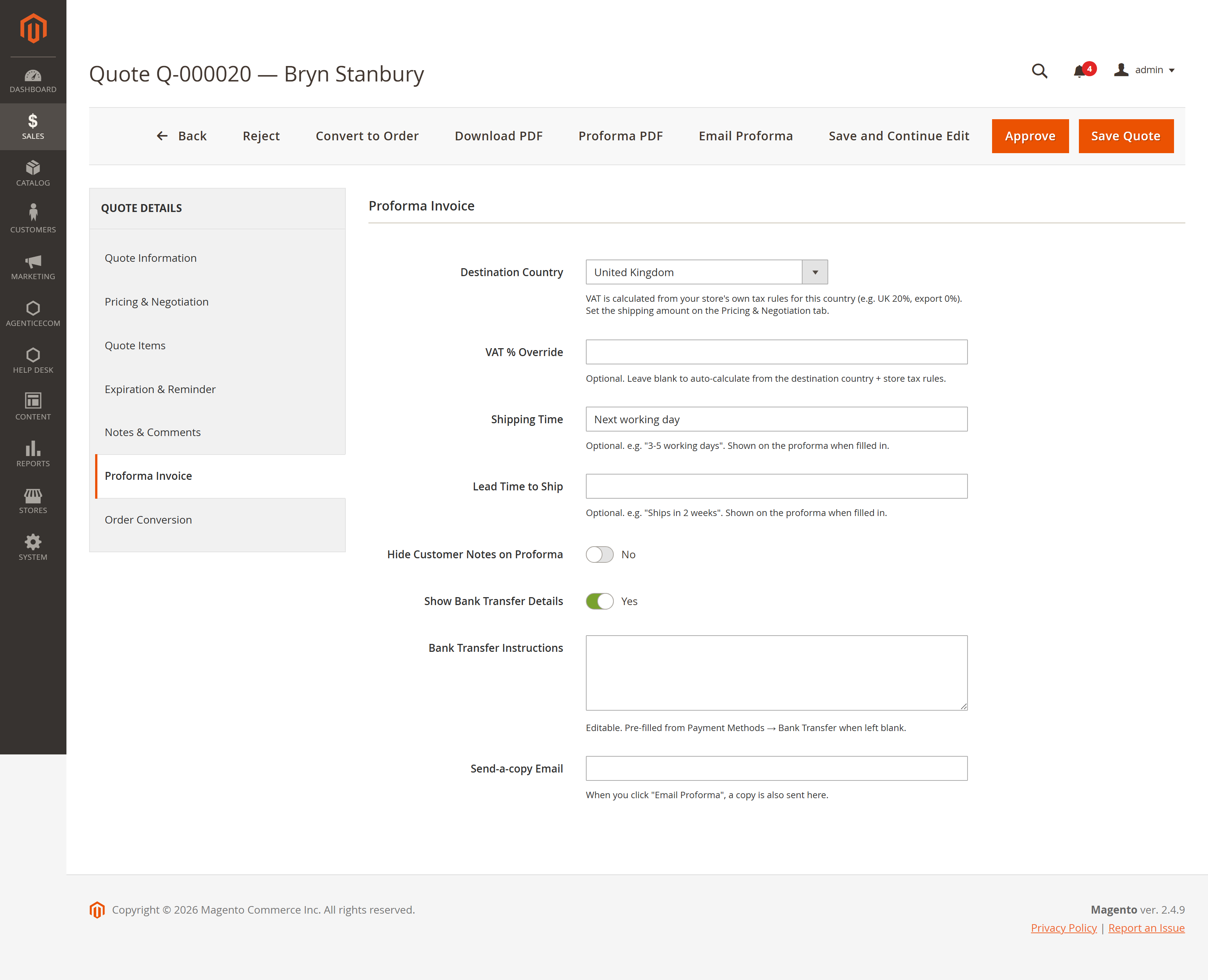 The Proforma Invoice tab