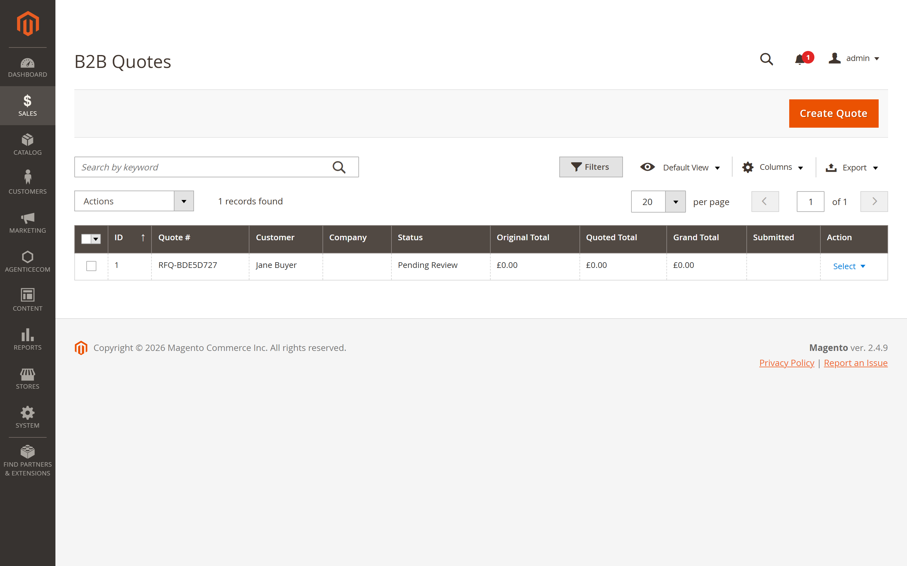 B2B quotes grid in the admin