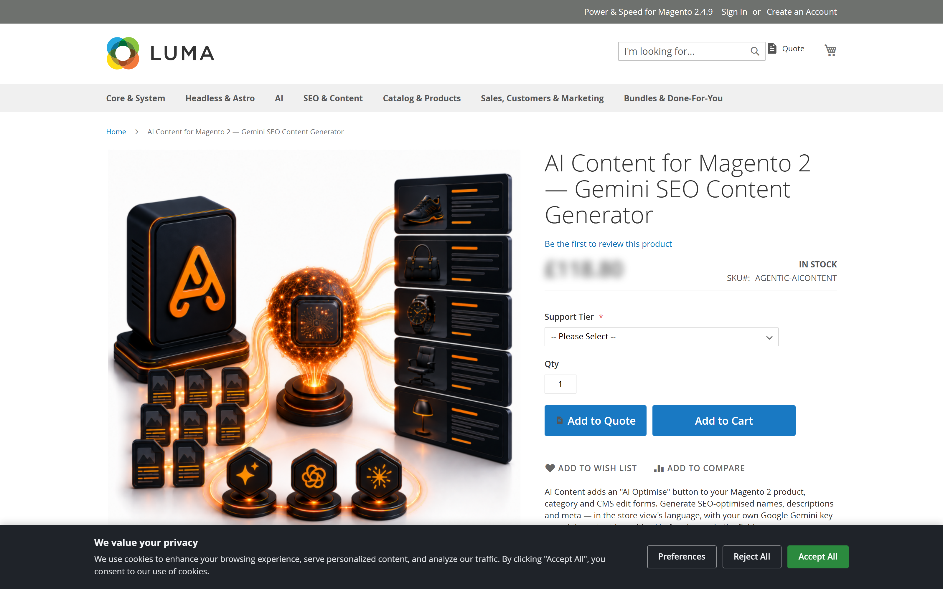 Add to Quote on the product page