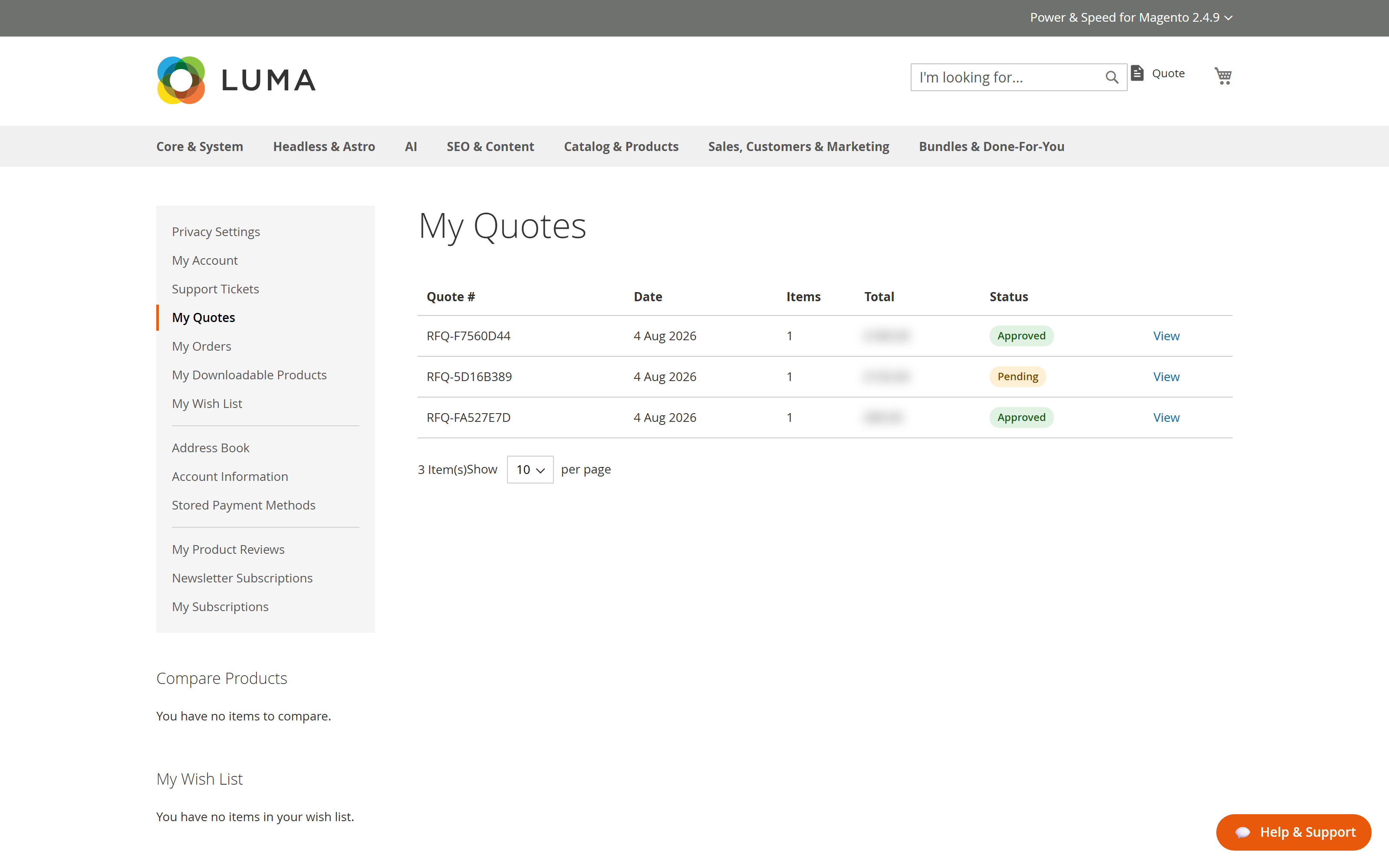 My Quotes in the customer account