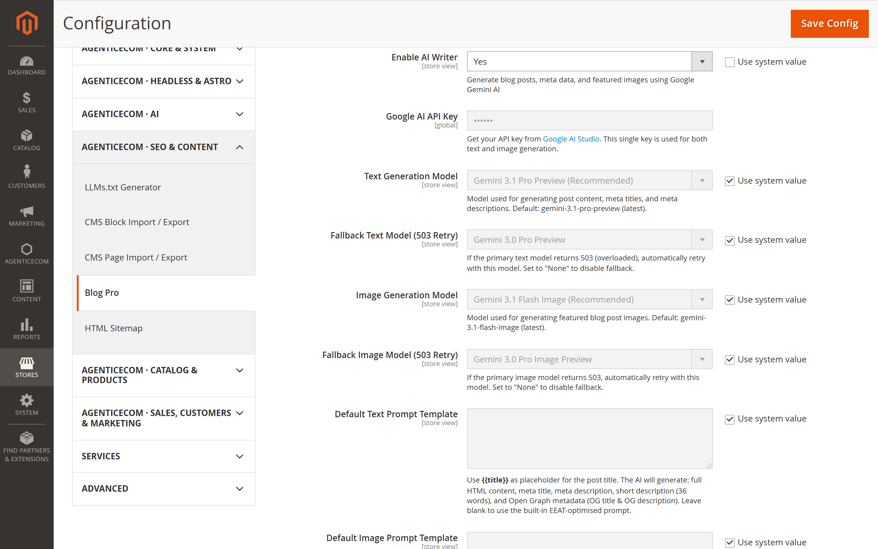 AI Writer configuration — models, fallbacks, prompts and your encrypted API key