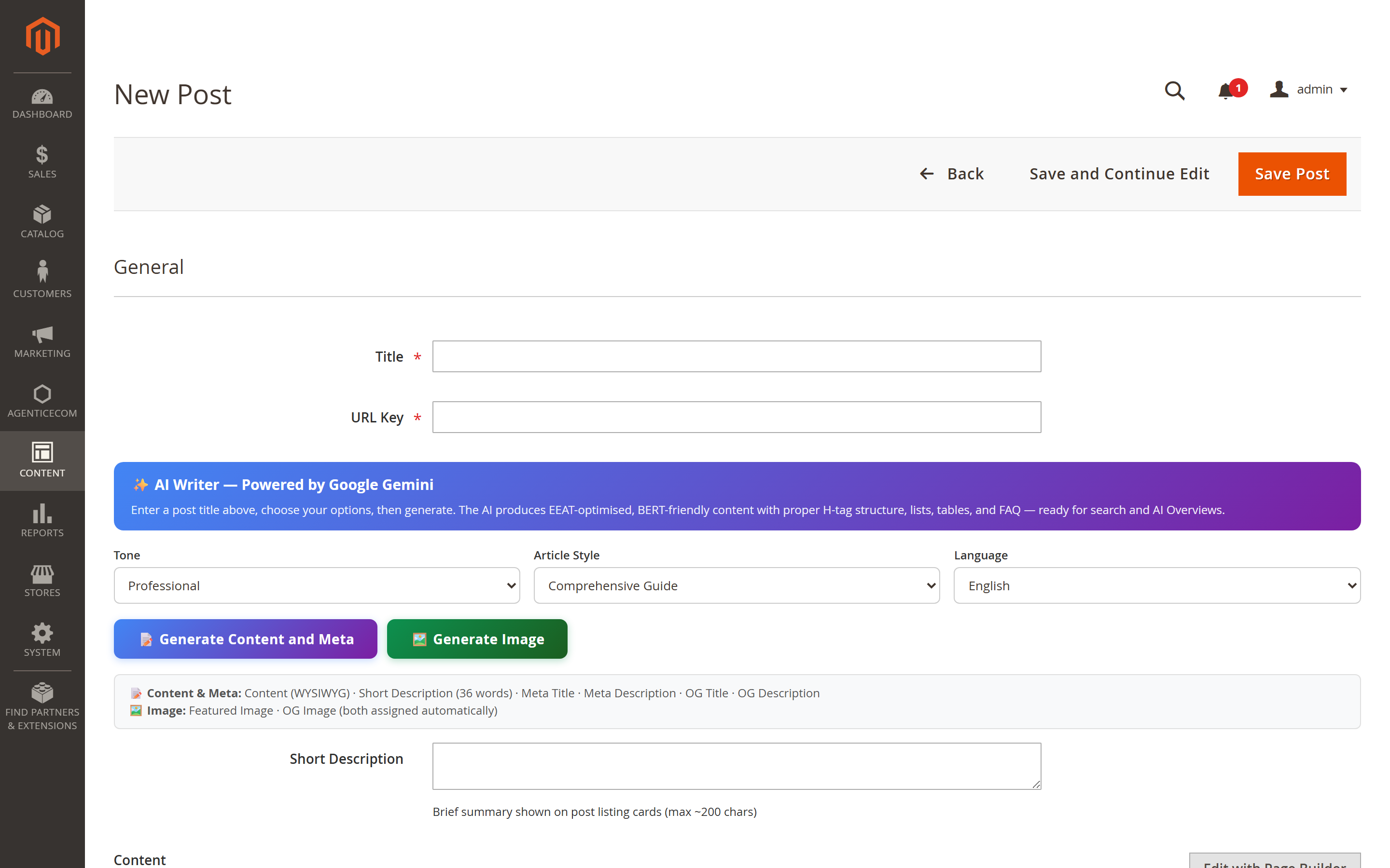 The AI Writer panel in the post editor — enter a title, pick tone/style/language, then generate