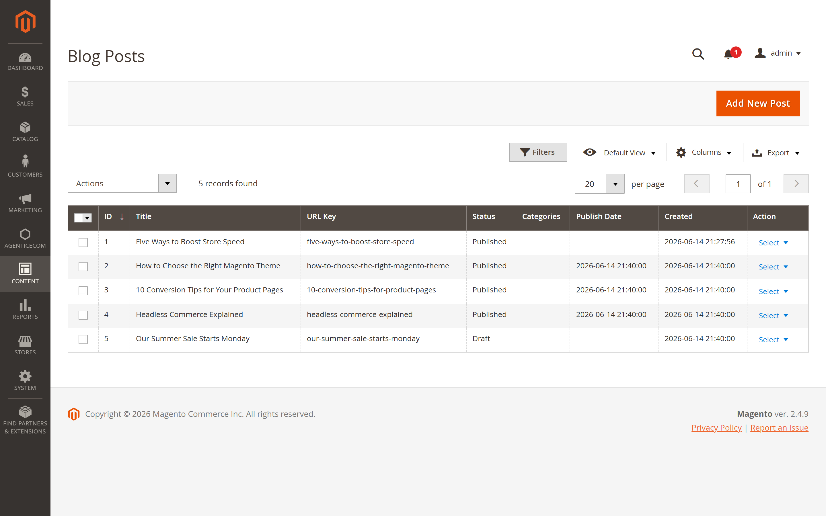 Blog Pro posts grid in the admin