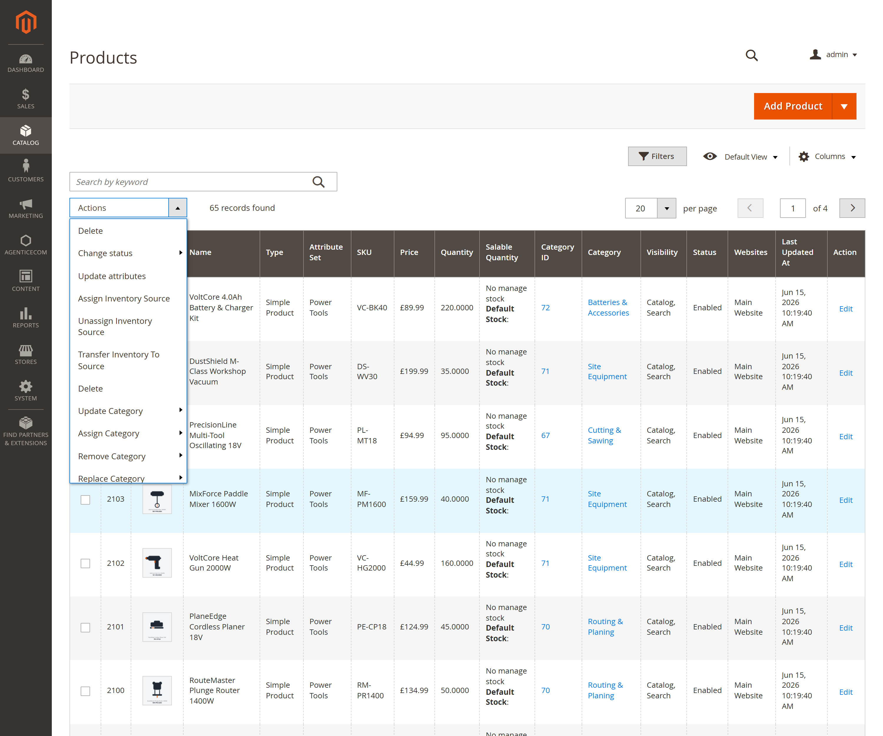 Bulk operations in the product grid Actions menu