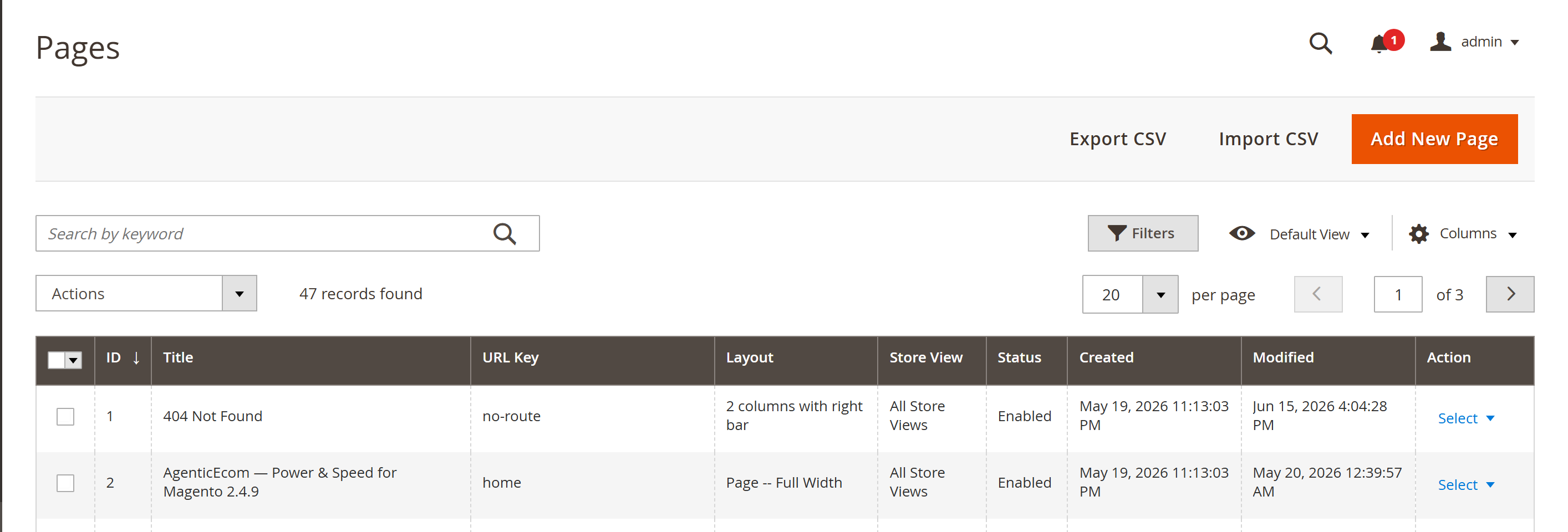 Import CSV and Export CSV buttons on the CMS Pages grid