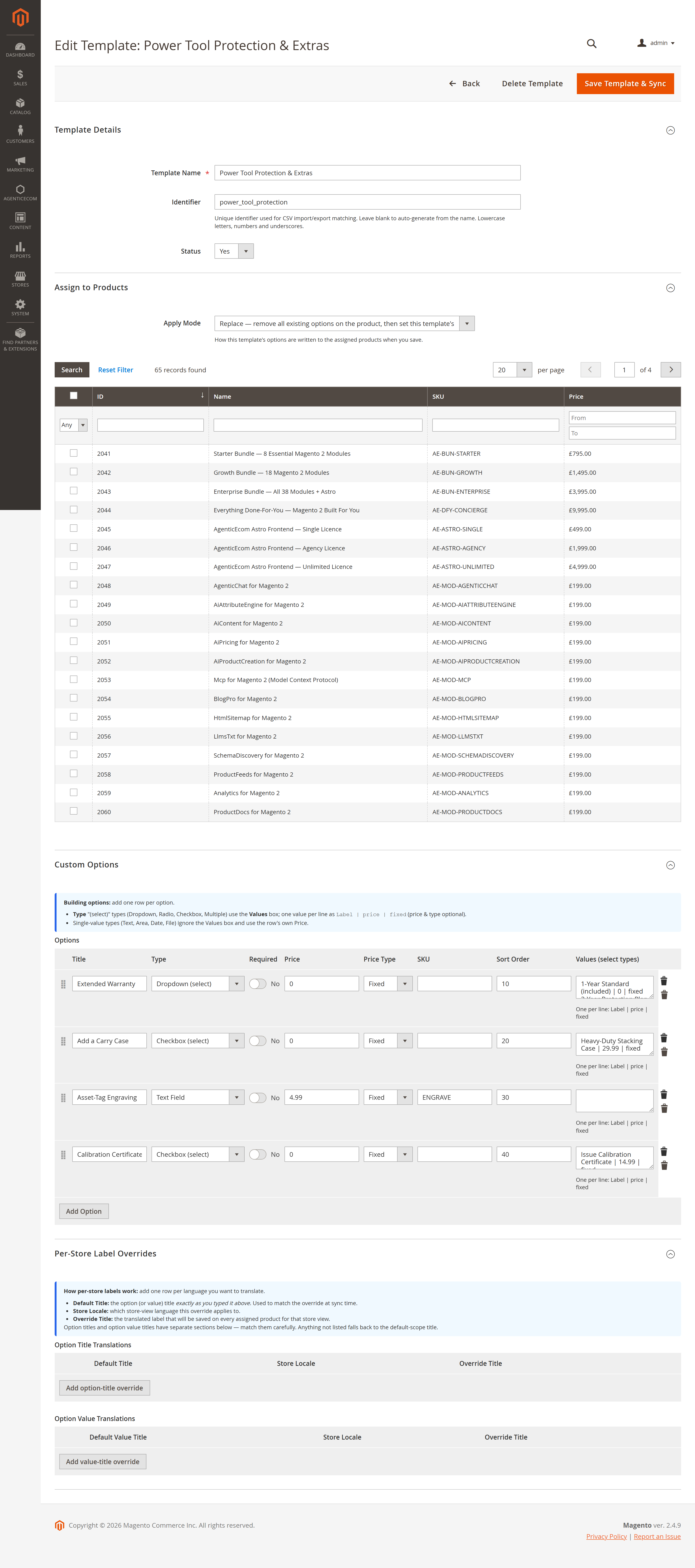 Custom options template edit form
