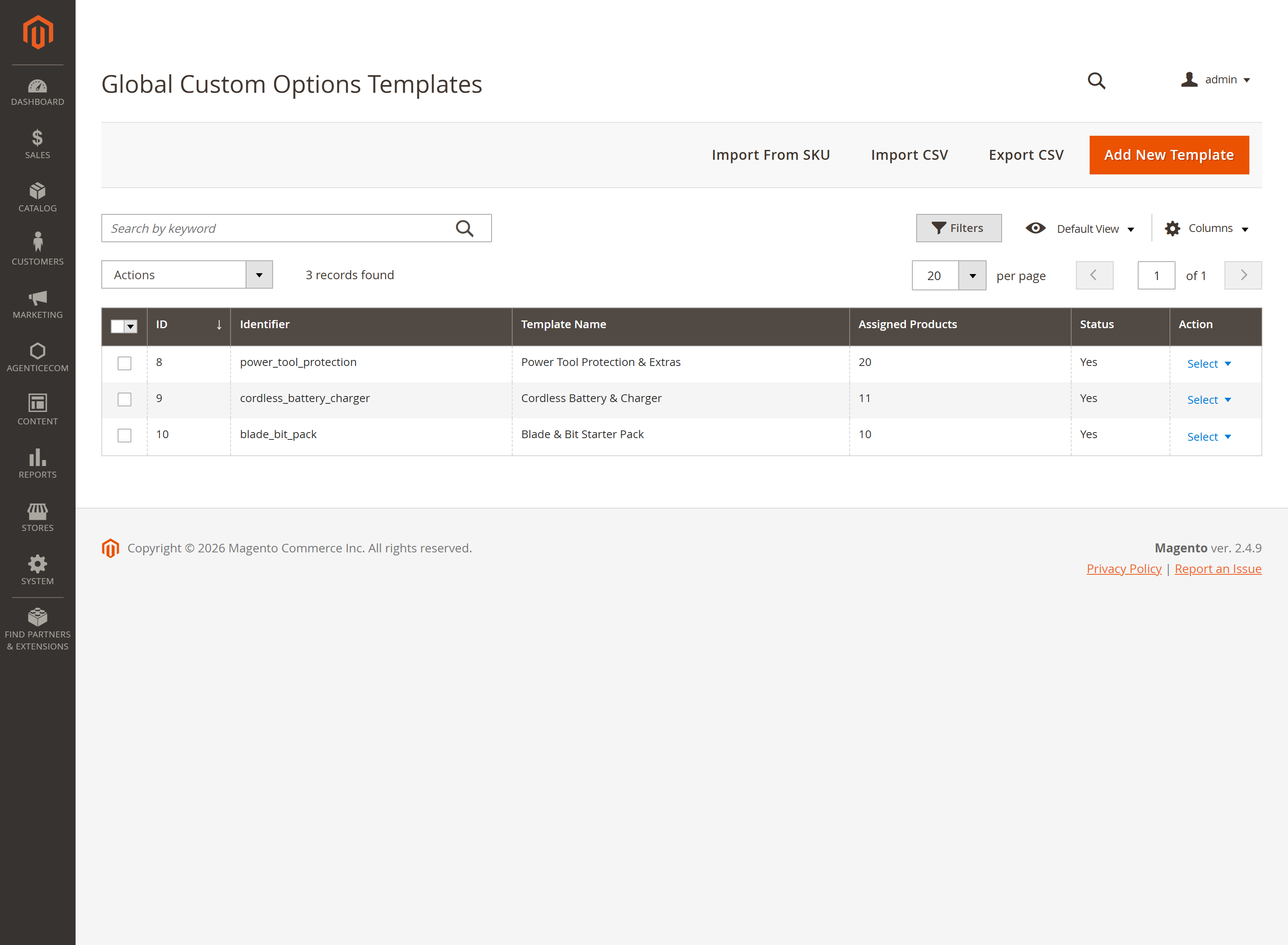 Global Custom Options templates grid