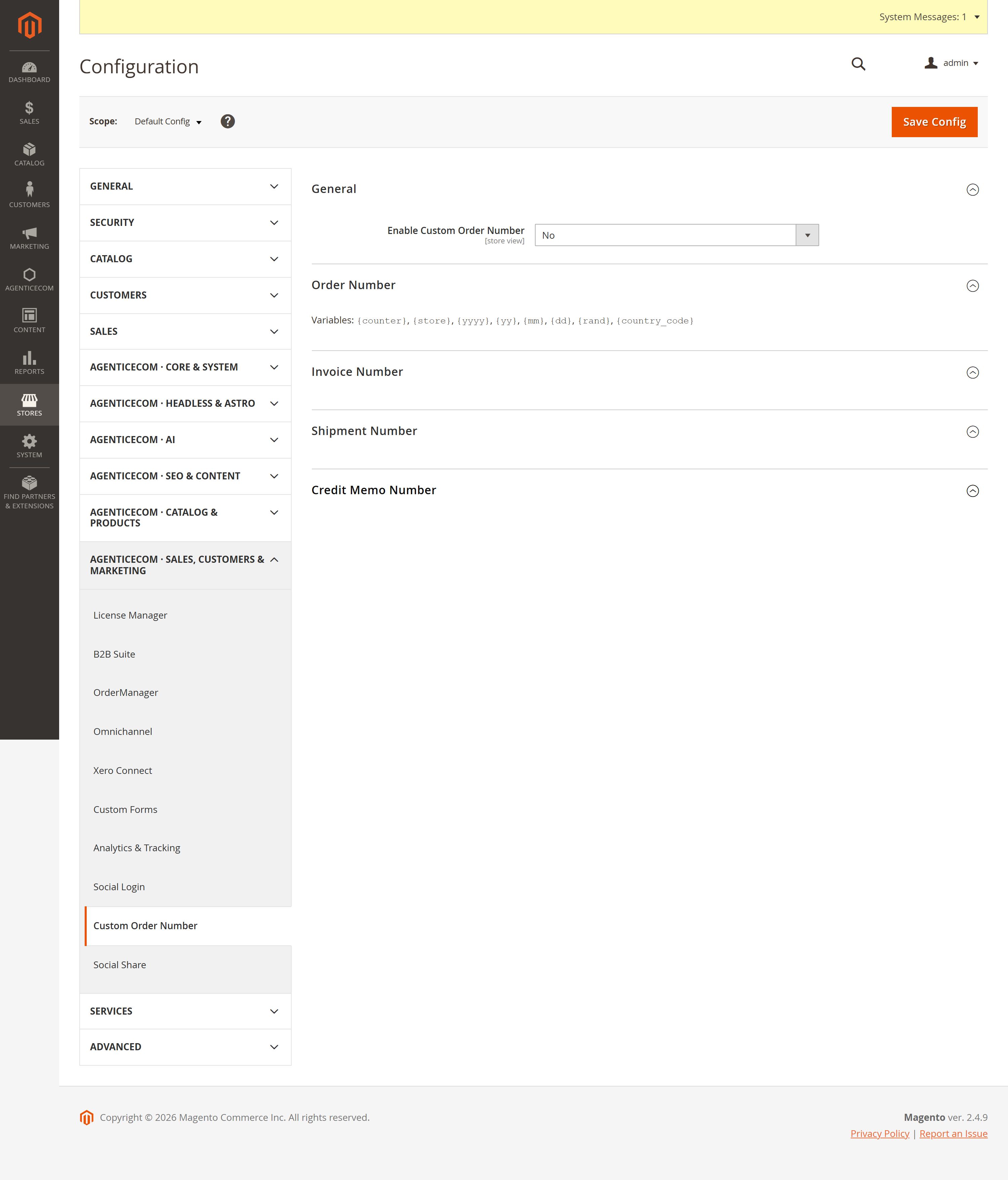 Custom Order Number configuration