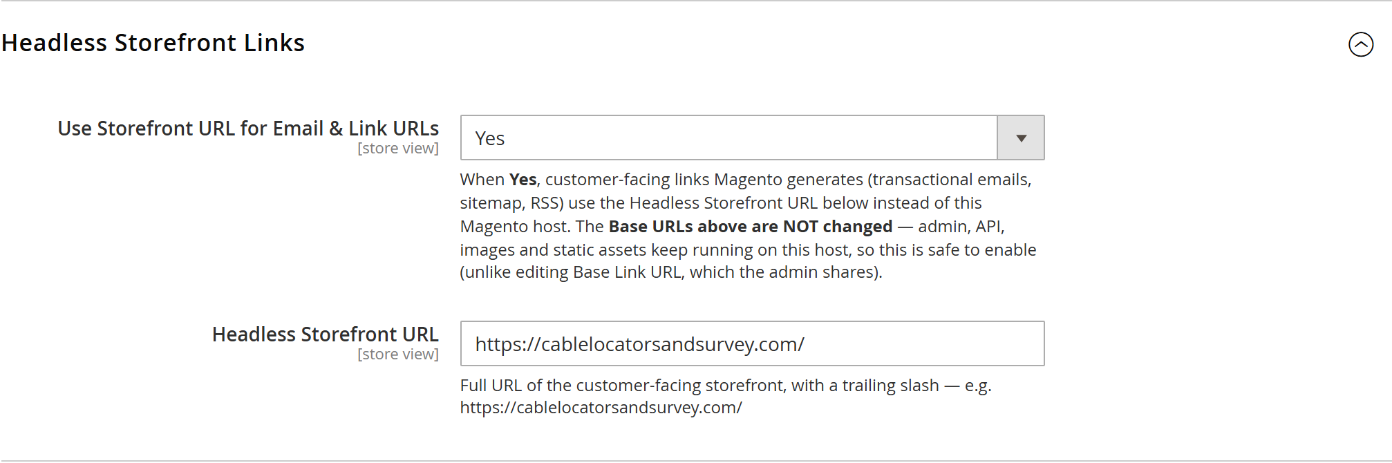 The Headless Storefront Links settings in Stores → Configuration → General → Web — turn on "Use Storefront URL for Email & Link URLs" and enter your storefront URL