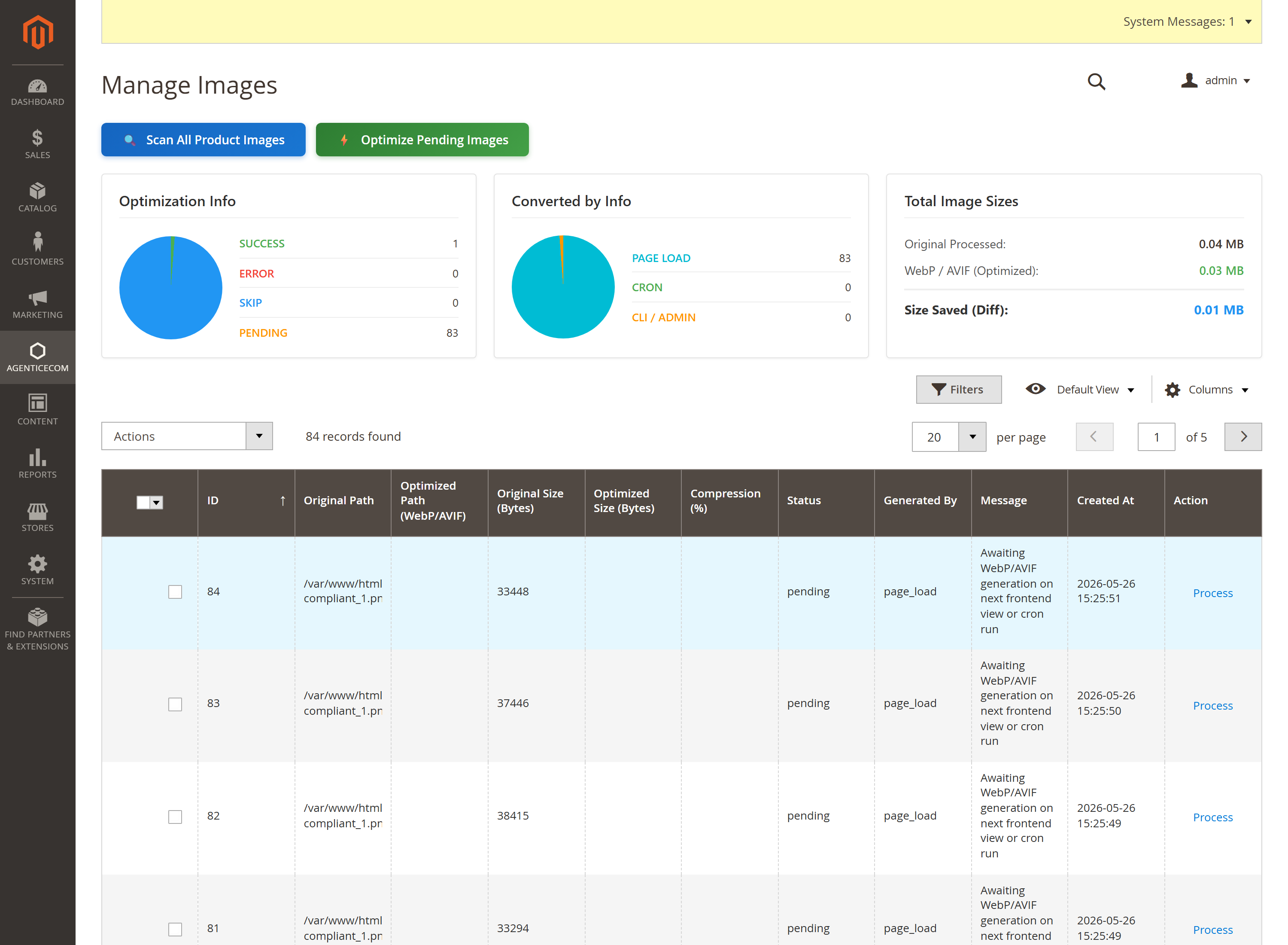 Manage Images dashboard