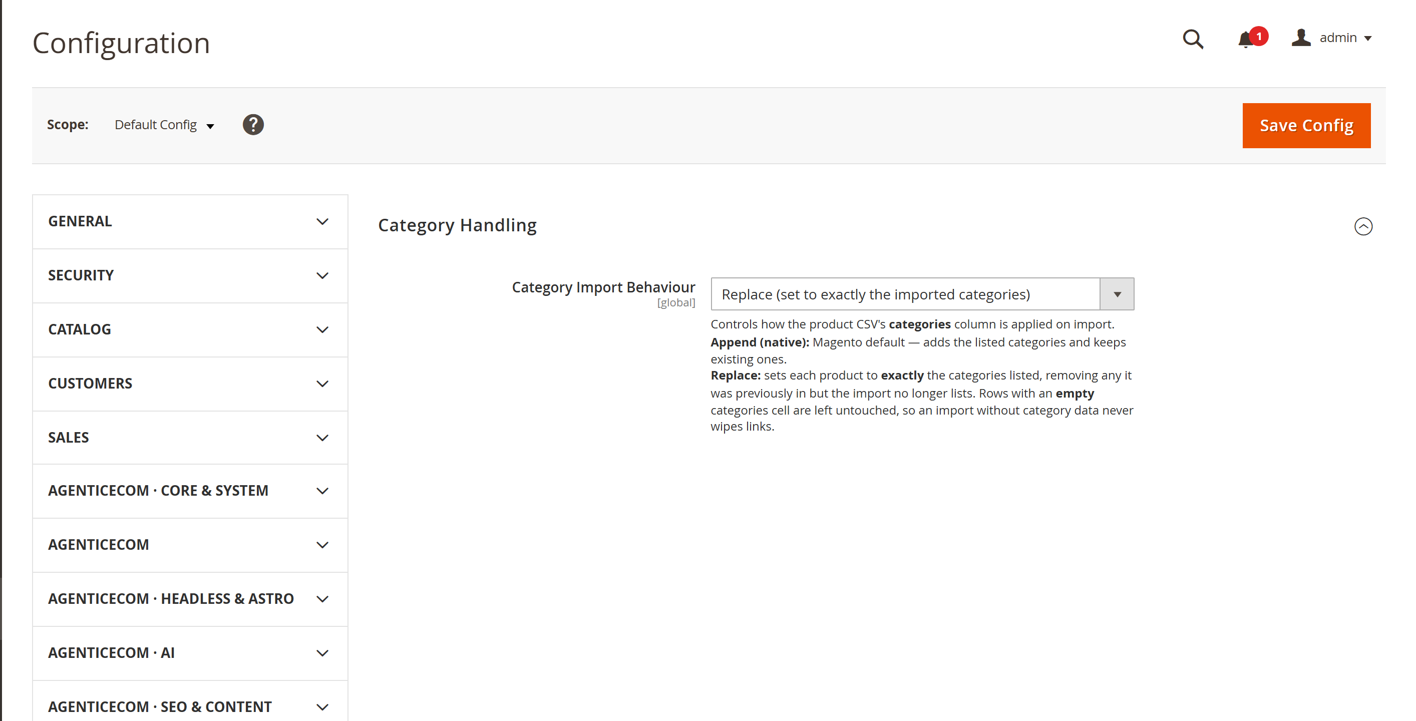 The Category Handling setting — switch Category Import Behaviour from Append to Replace