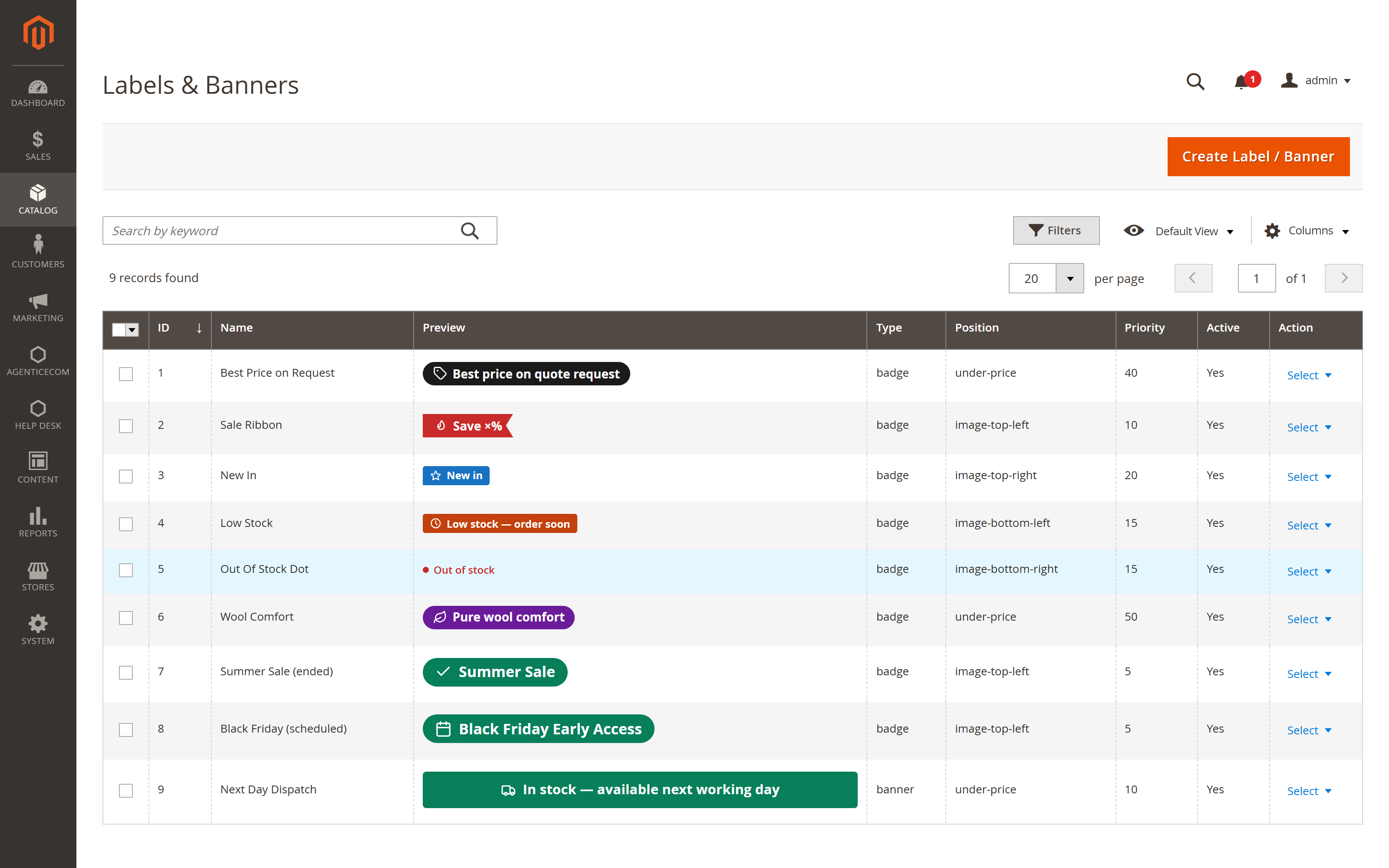 The Labels & Banners grid in the Magento admin, each row showing a live preview of the label, its family, placement and priority