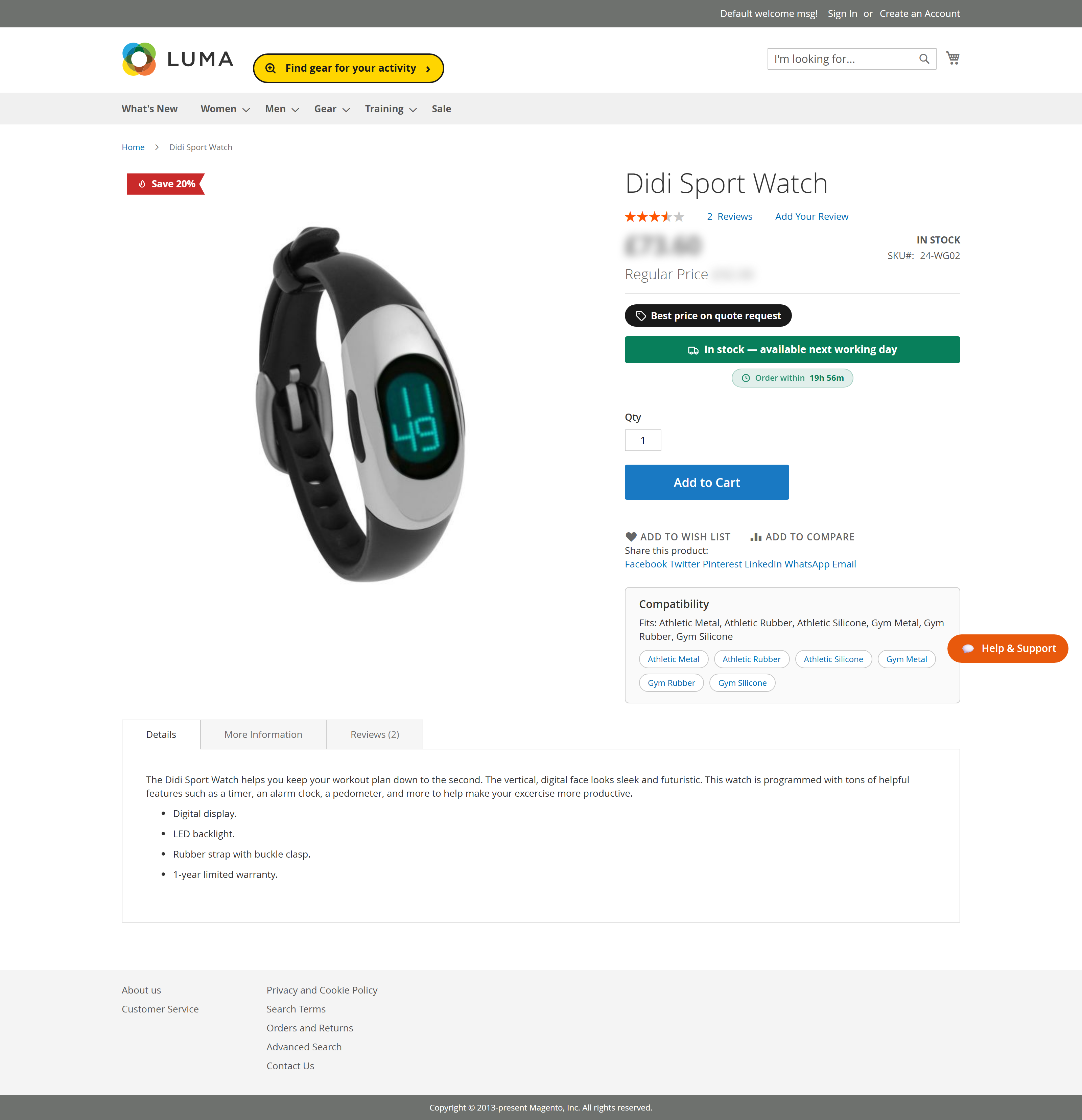 A product page with a badge on the gallery and a banner under the price