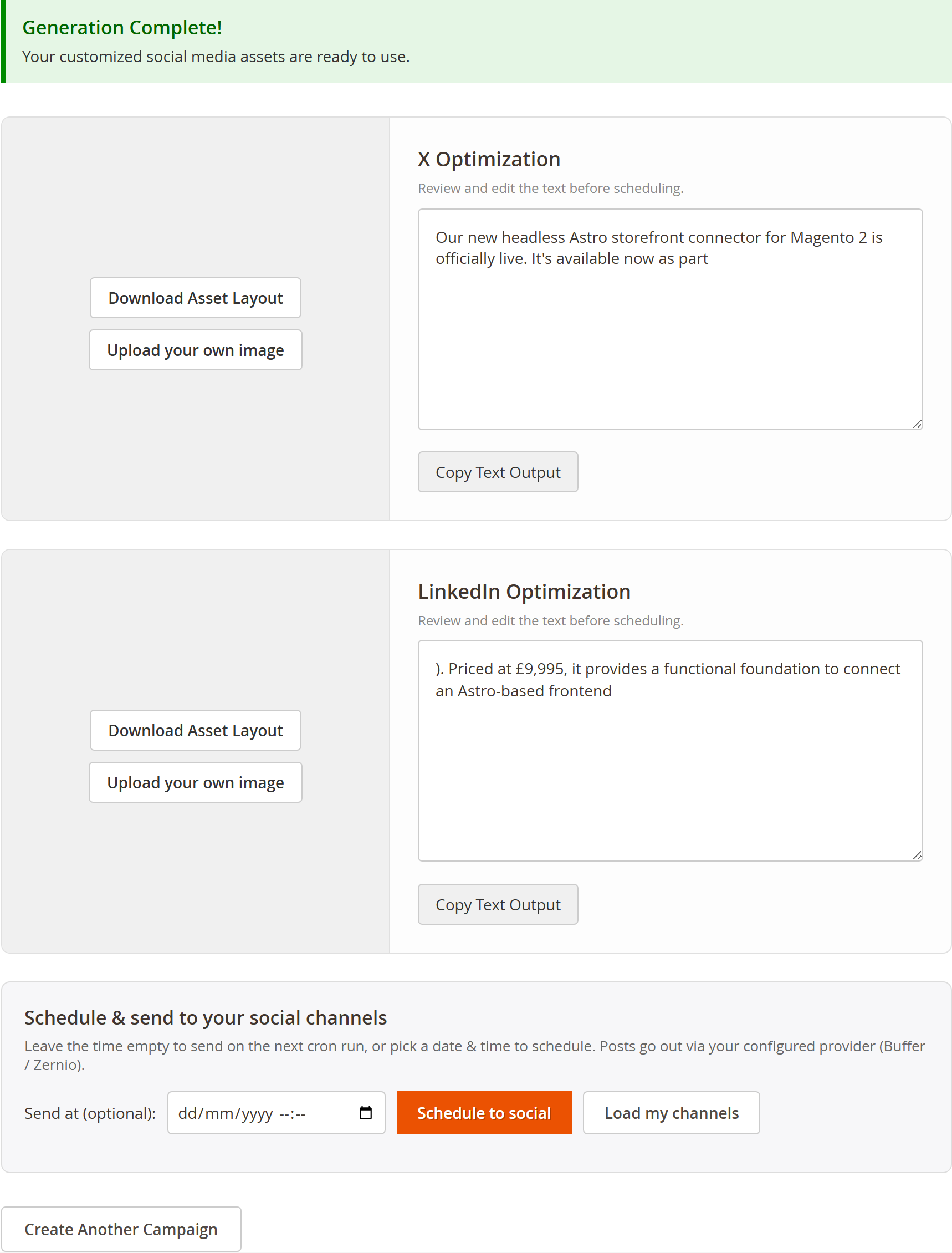 Review and edit each post, upload your own image, then schedule to your channels