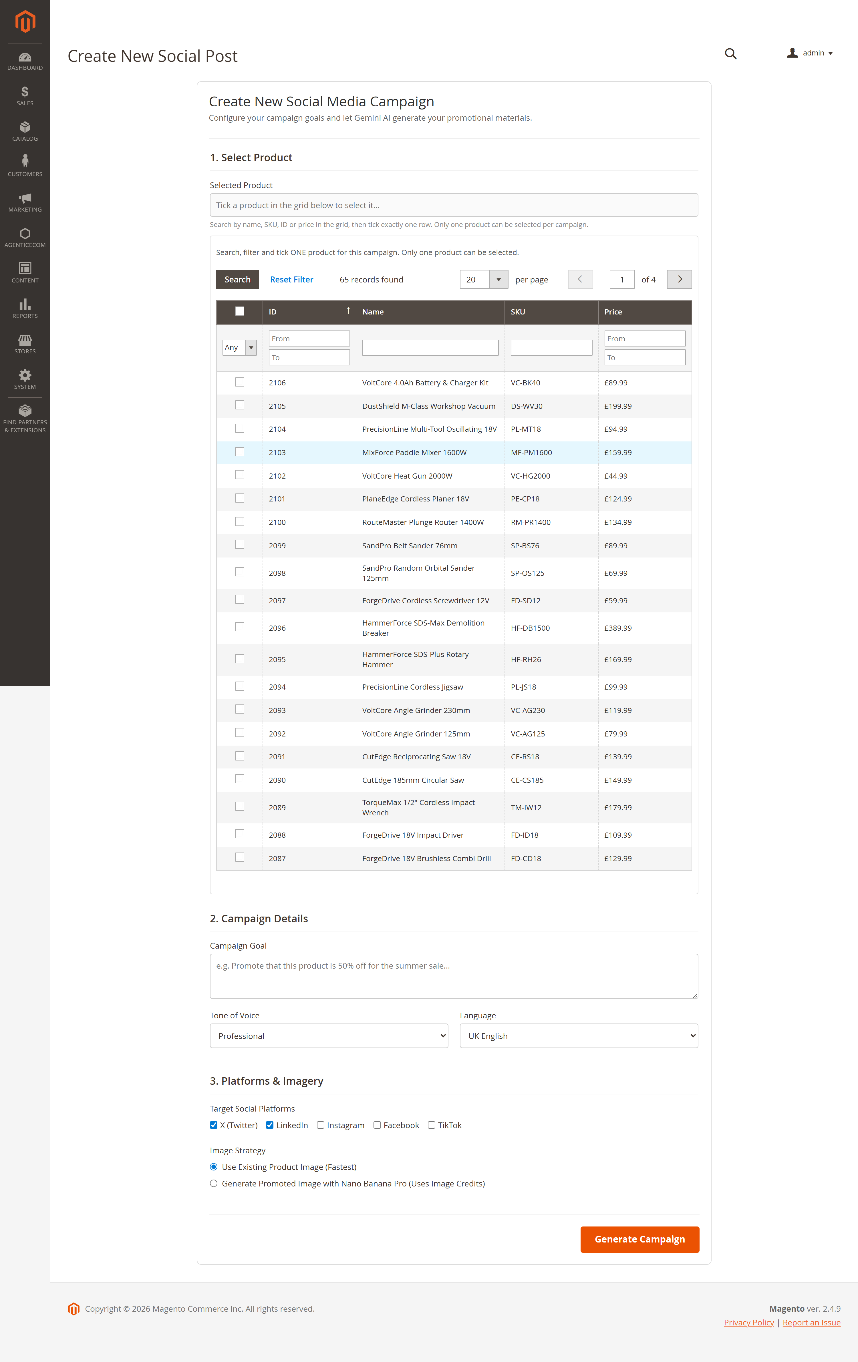 The campaign wizard: pick a product, set goal & tone, choose platforms
