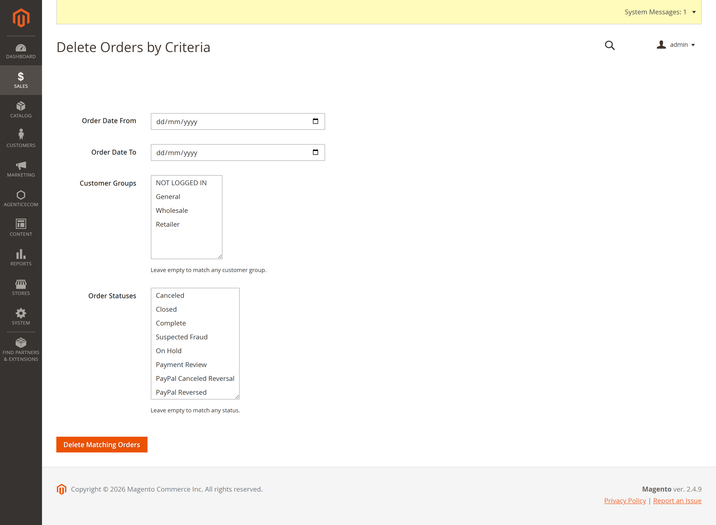 Delete orders by criteria