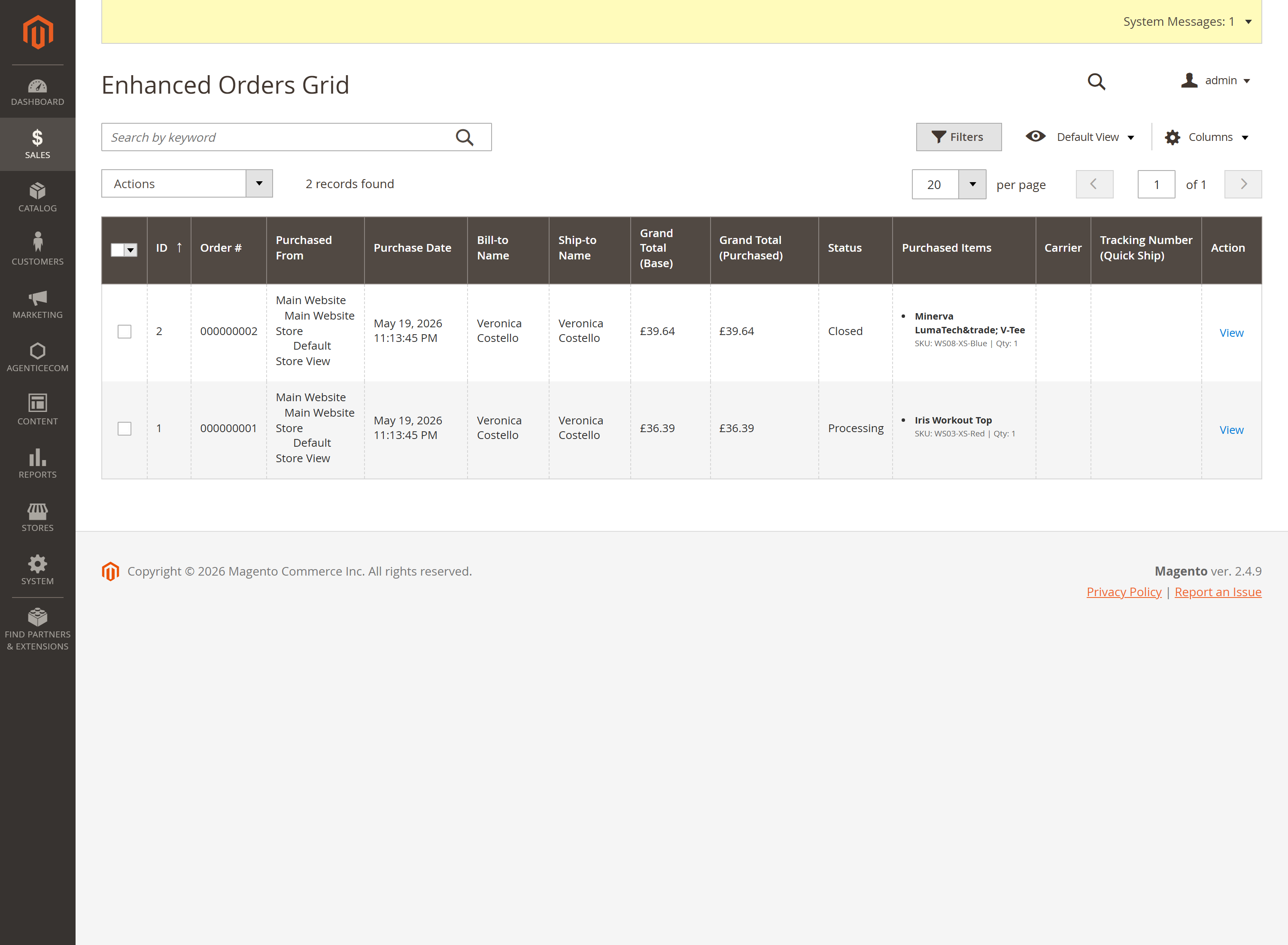 Enhanced orders grid
