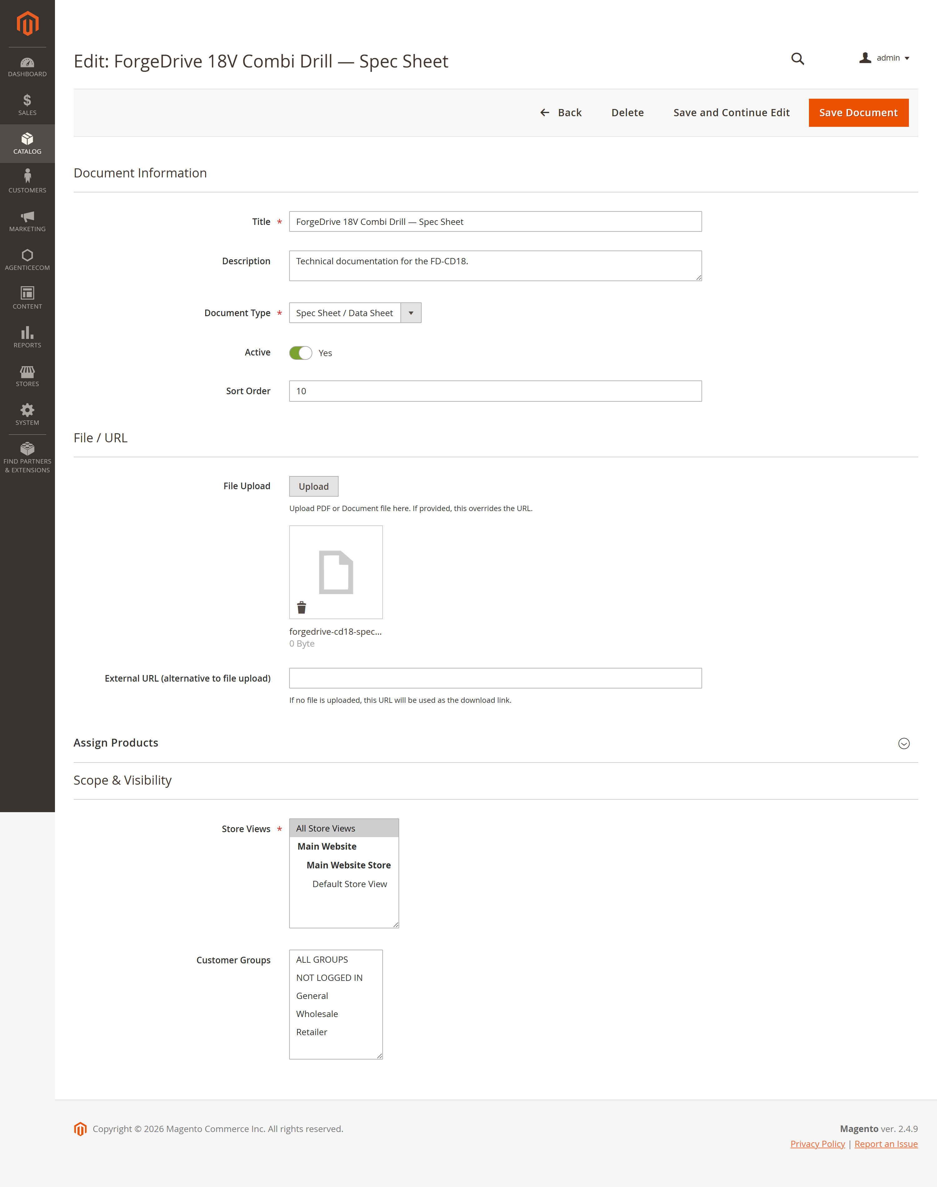 Editing a document: details, file/URL, product assignment, scope