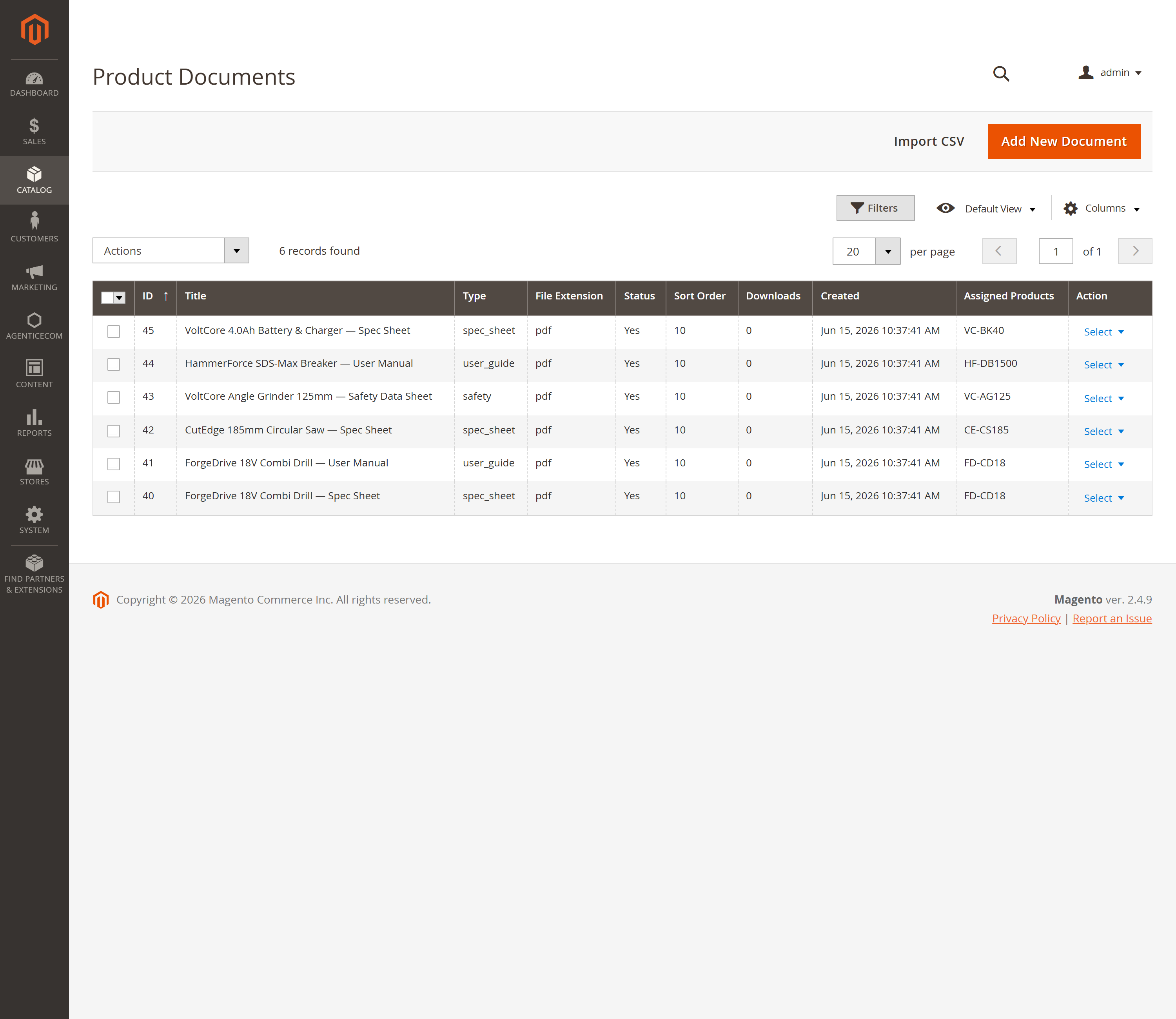 The Product Documents grid — type, status, downloads and assigned SKUs