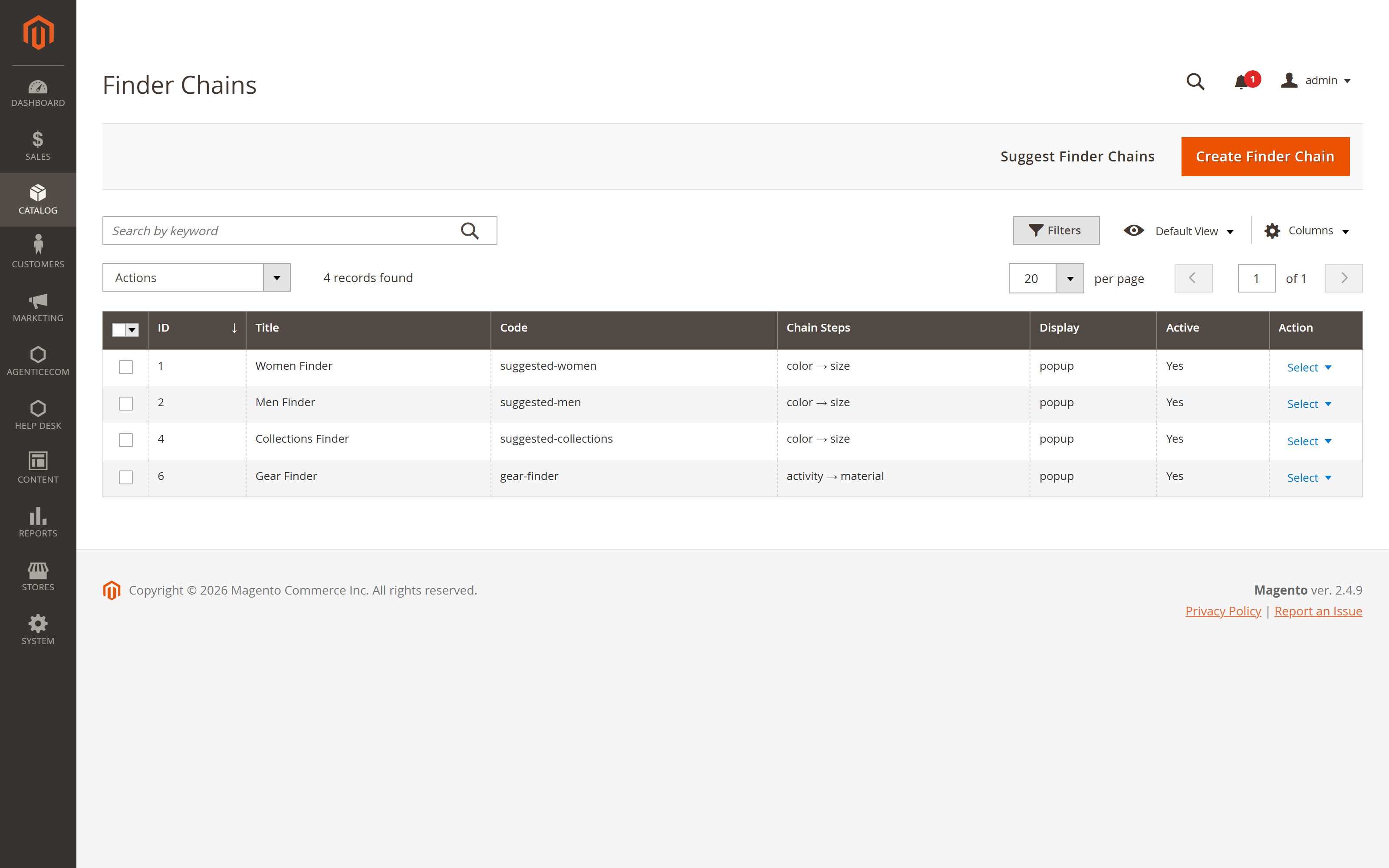 The Finder Chains grid in the Magento admin, listing each finder with its steps, store views and header setting
