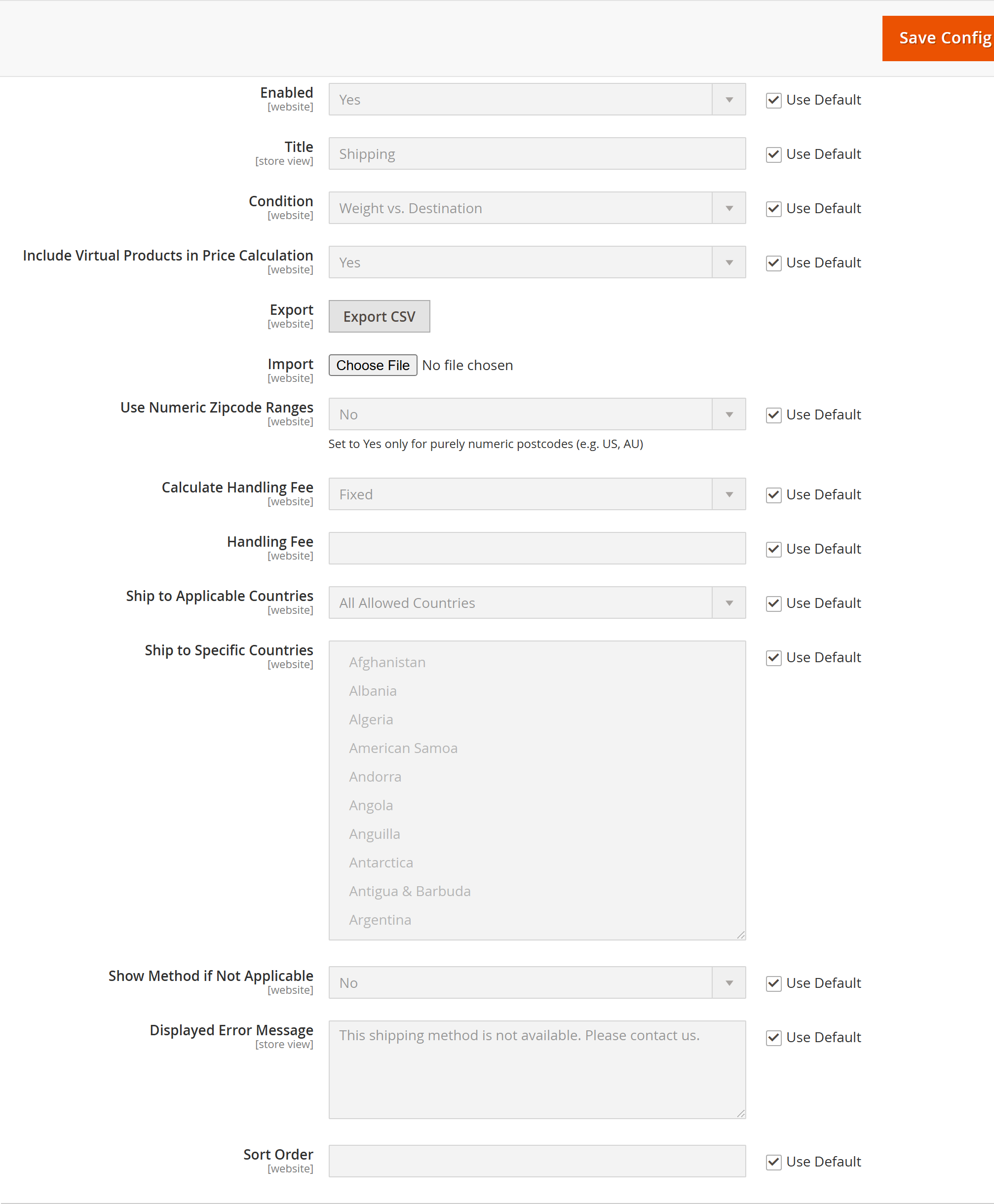 Import and Export at website scope
