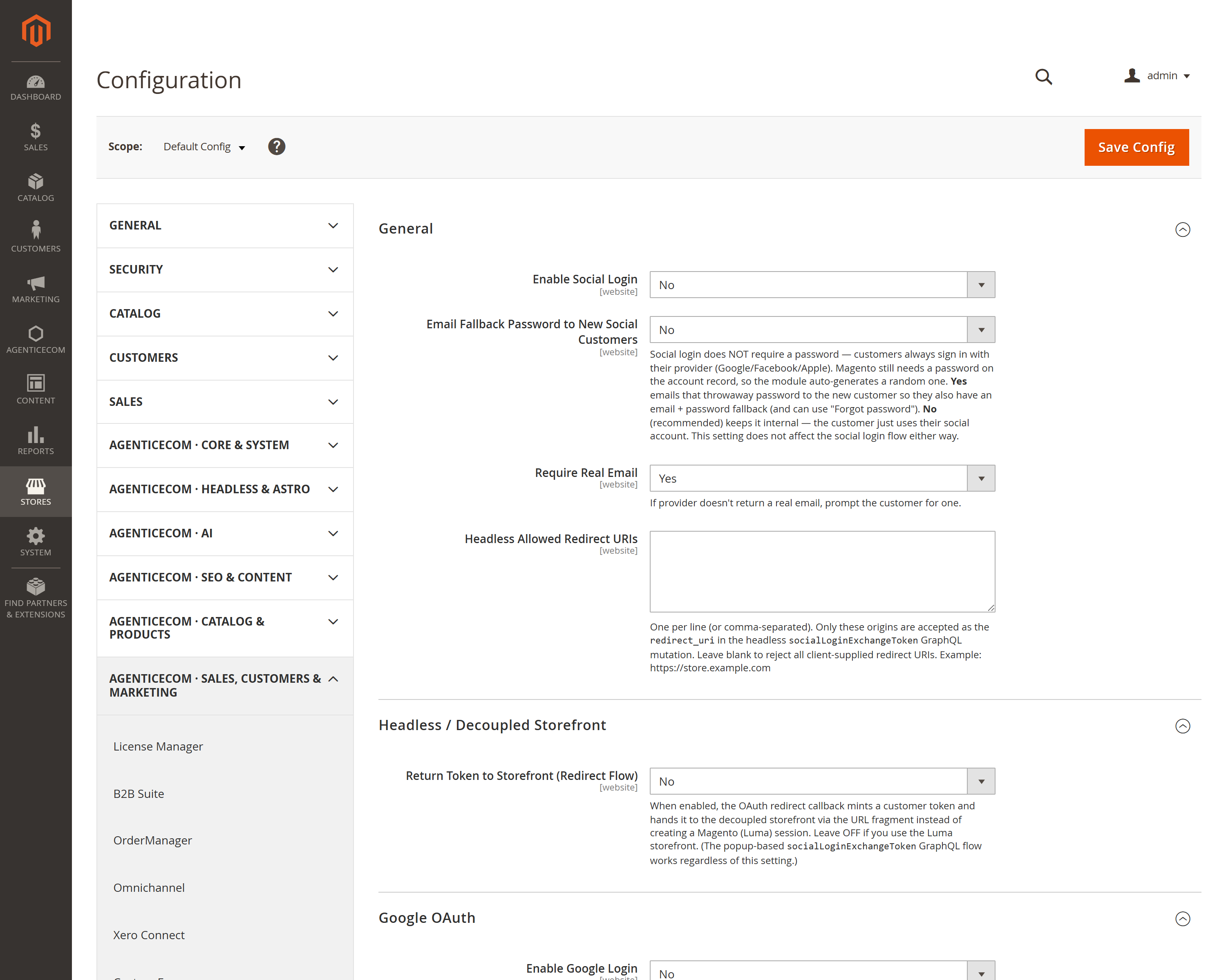 Social Login configuration — providers, headless and security options