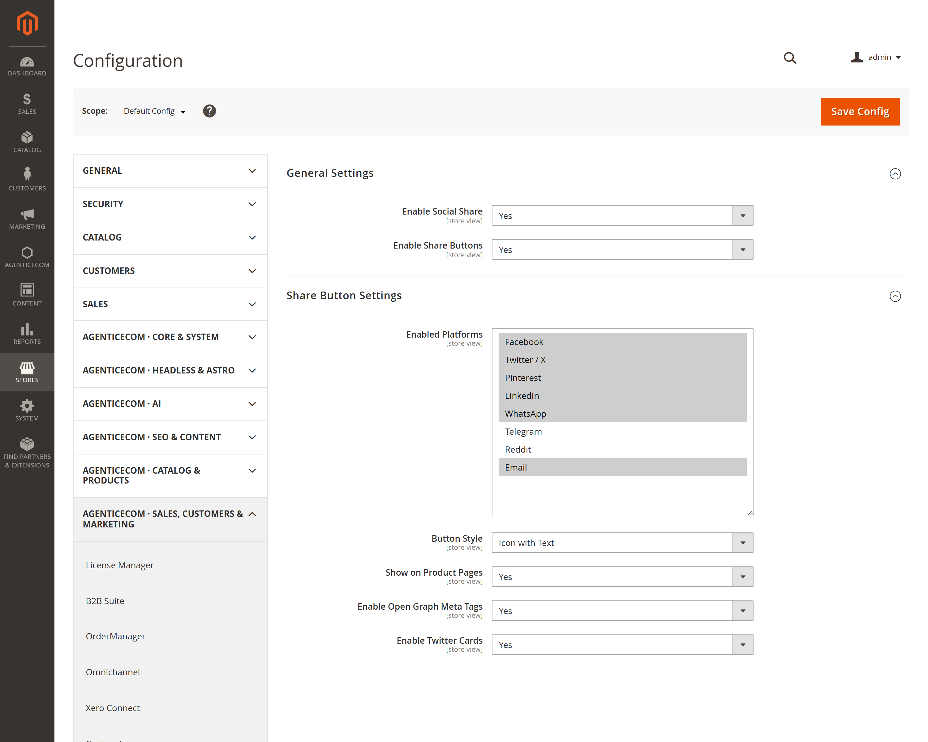 Social Share configuration — platforms, button style and rich-preview meta