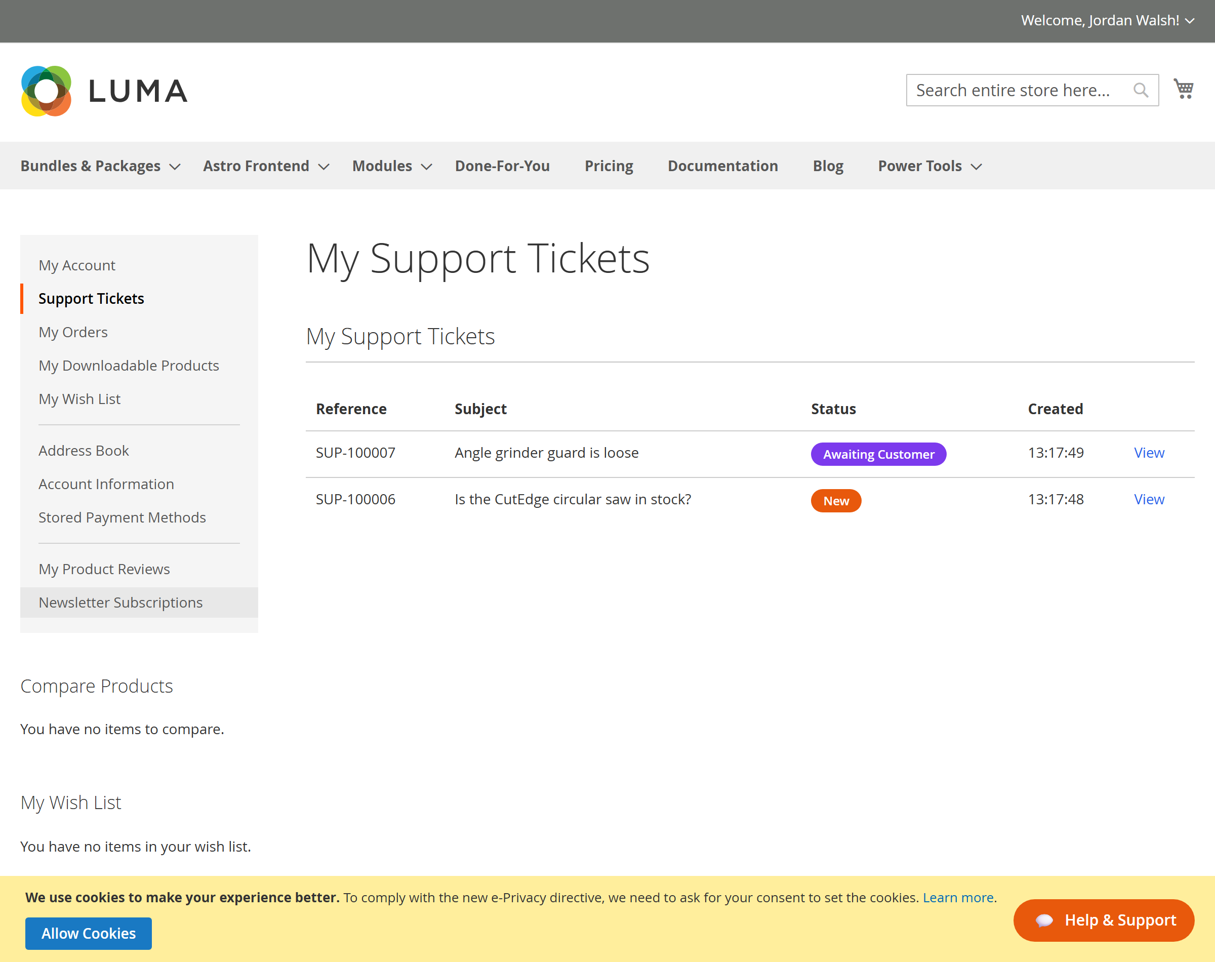 My Support Tickets in the customer account