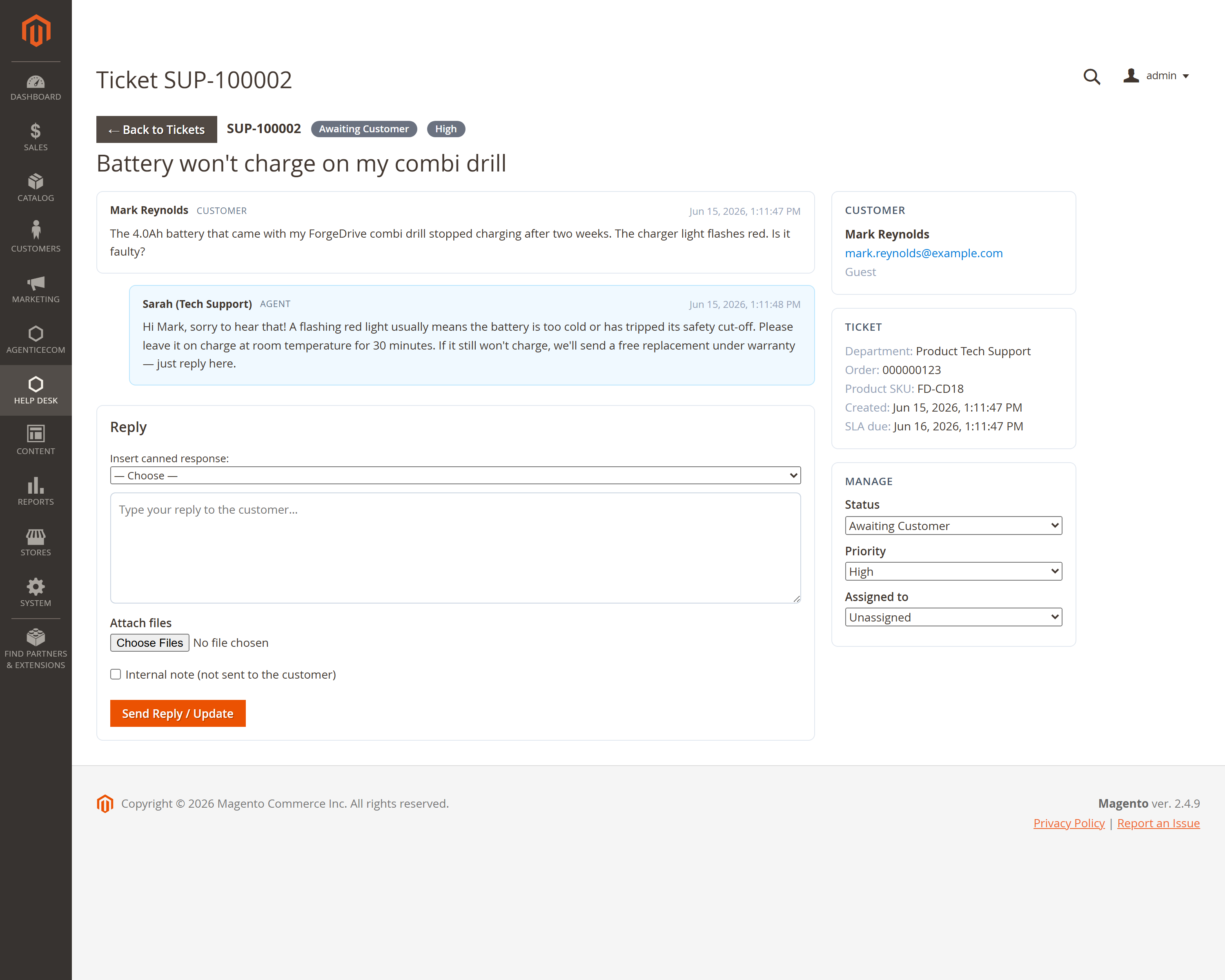 The admin ticket conversation view
