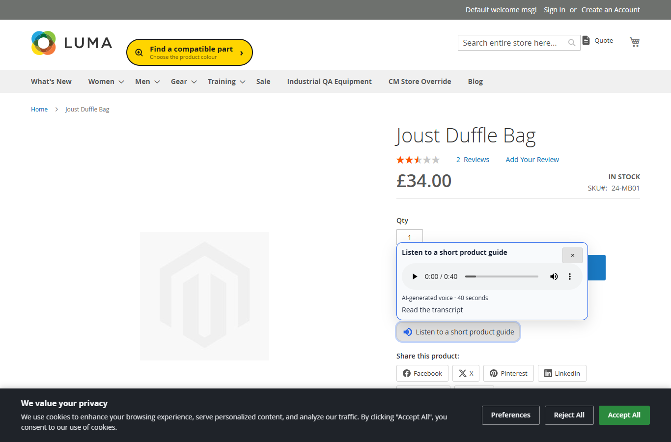VoxFunl player on a Luma product page