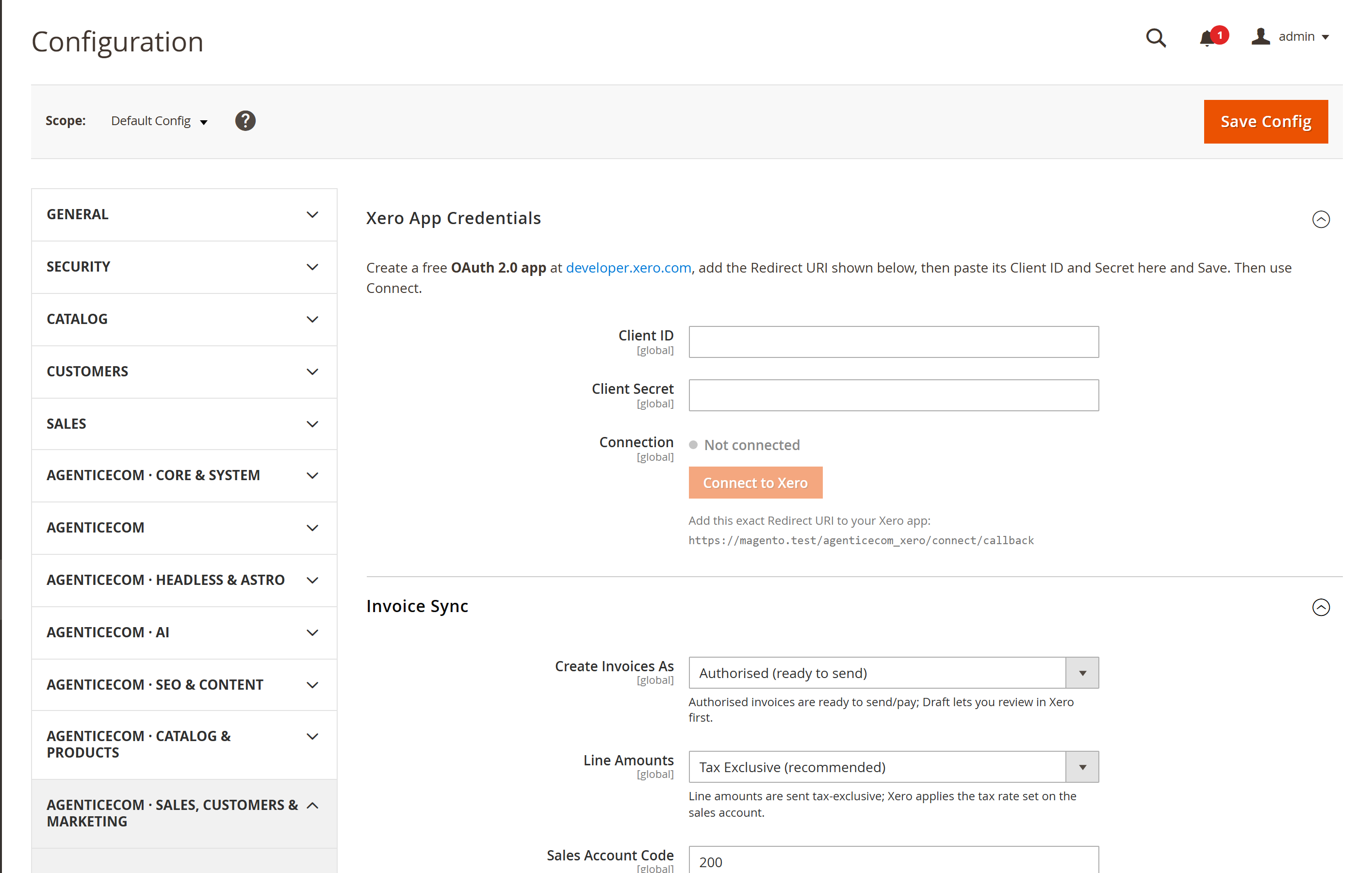 Xero Connect configuration — Xero App Credentials (OAuth Client ID/Secret and the Connect button) and the Invoice Sync settings